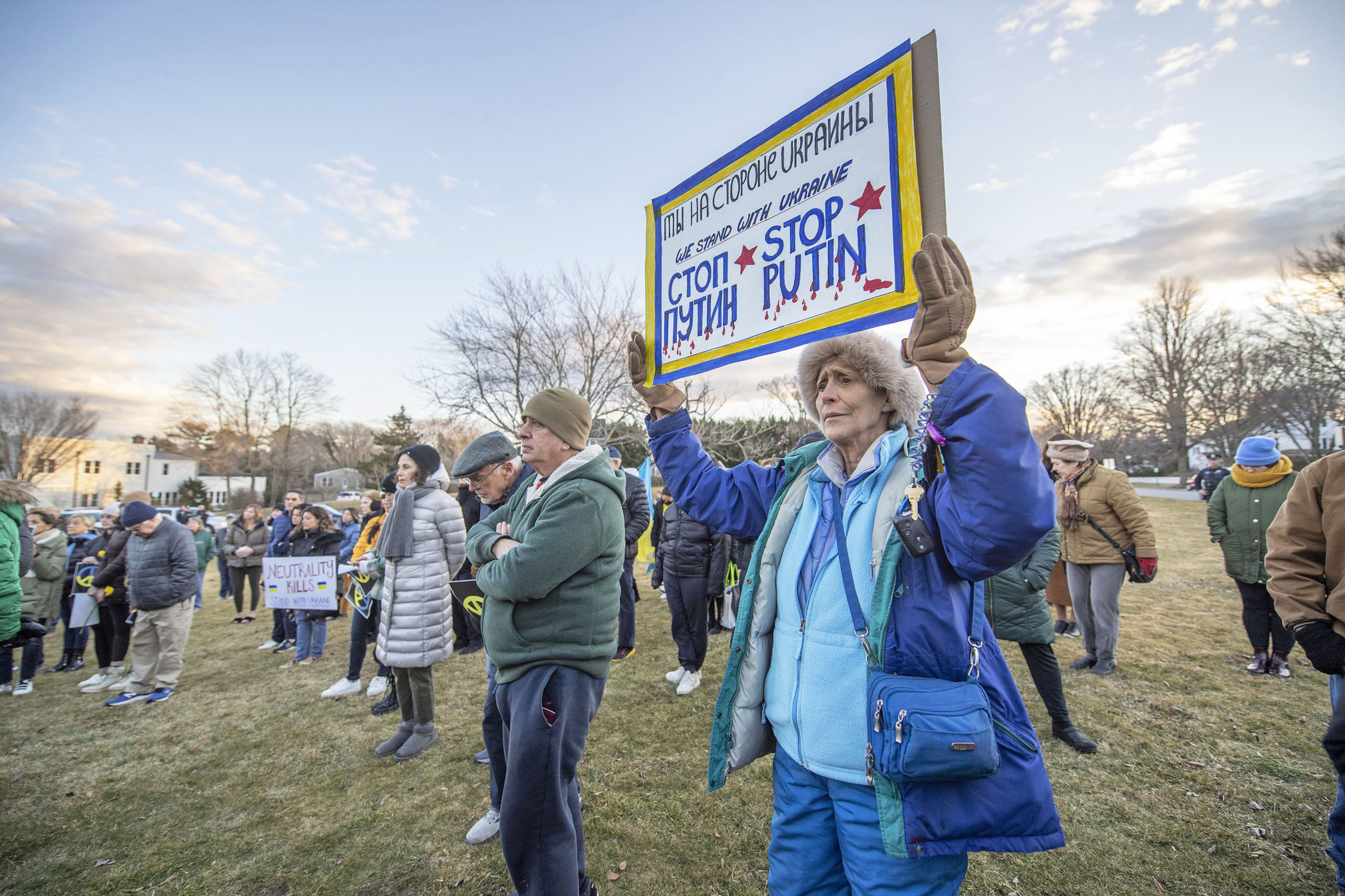 A rally in support of Ukraine during the current Russian invasion was held last Thursday on the Hook Mill Village Green in East Hampton. MICHAEL HELLER