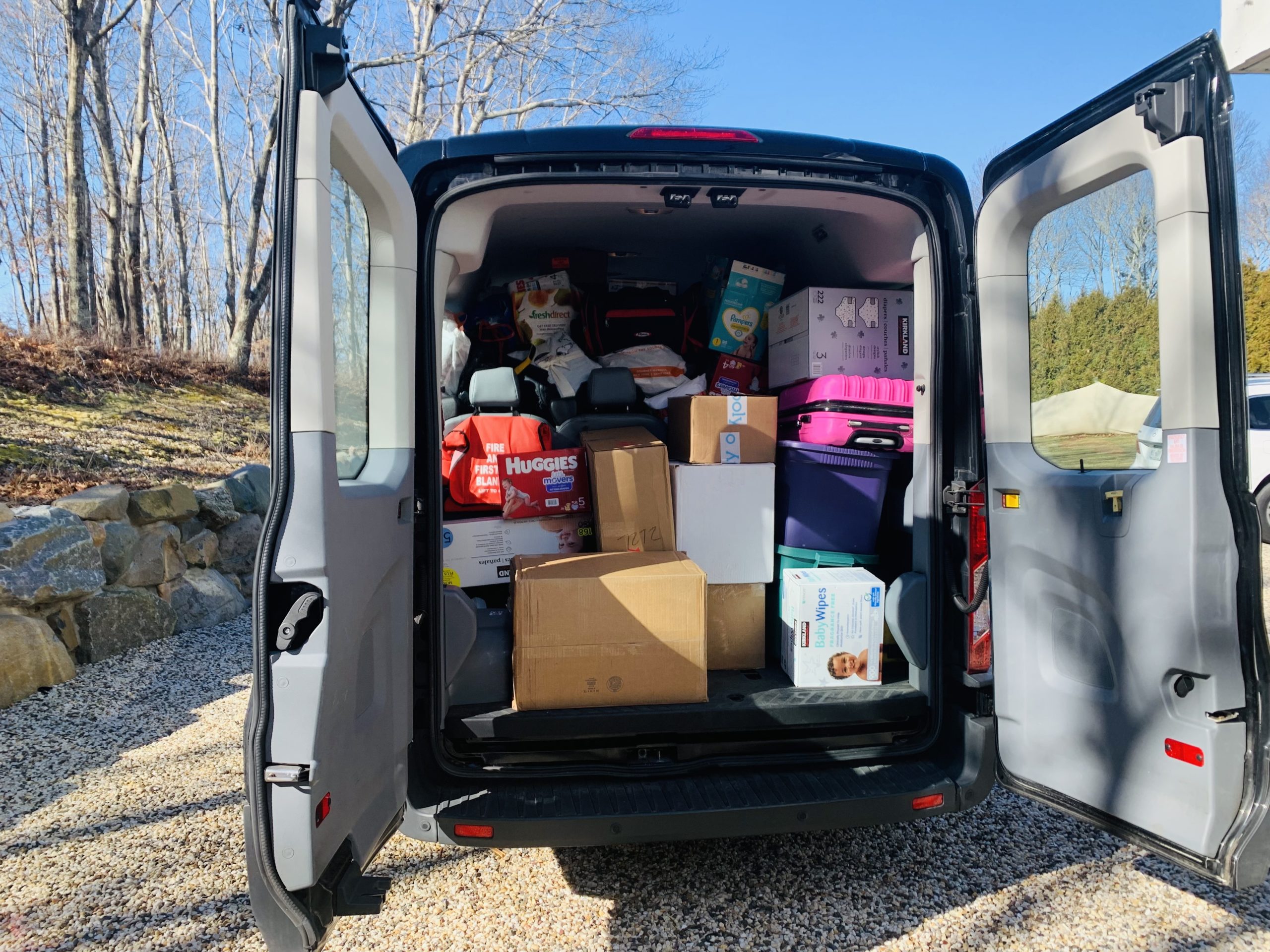 A van full of donations, bound for Ukraine, after Natalie Massa organized a volunteer effort from her home in Water Mill.