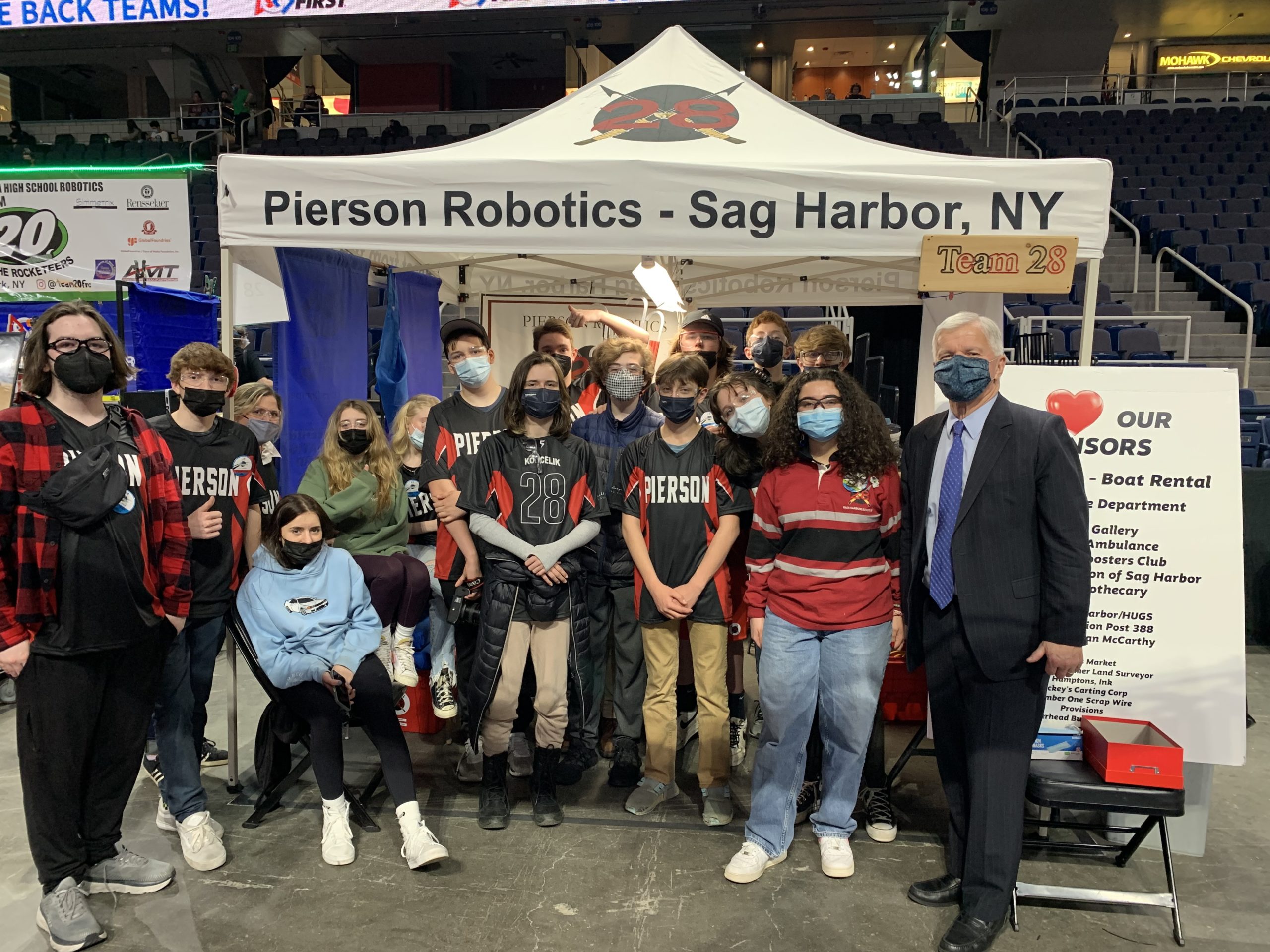 Pierson’s Robotics Team, Team 28, met Assemblyman Fred Thiele Jr. while in the first round of competitions at the FIRST Robotics Competition taking place in Albany.  COURTESY SAG HARBOR SCHOOL DISTRICT