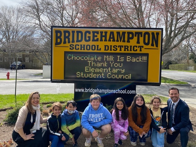 The Bridgehampton Elementary School Student Council made good on campaign promises, brining back chocolate milk back to the cafeteria, in addition to real plates and utensils. The students also pledged additional library time for their peers. Bridgehampton Elementary School Student Council members with teacher Hamra Ozsu and Assistant Principal Michael Cox. COURTESY BRIDGEHAMPTON SCHOOL DISTRICT