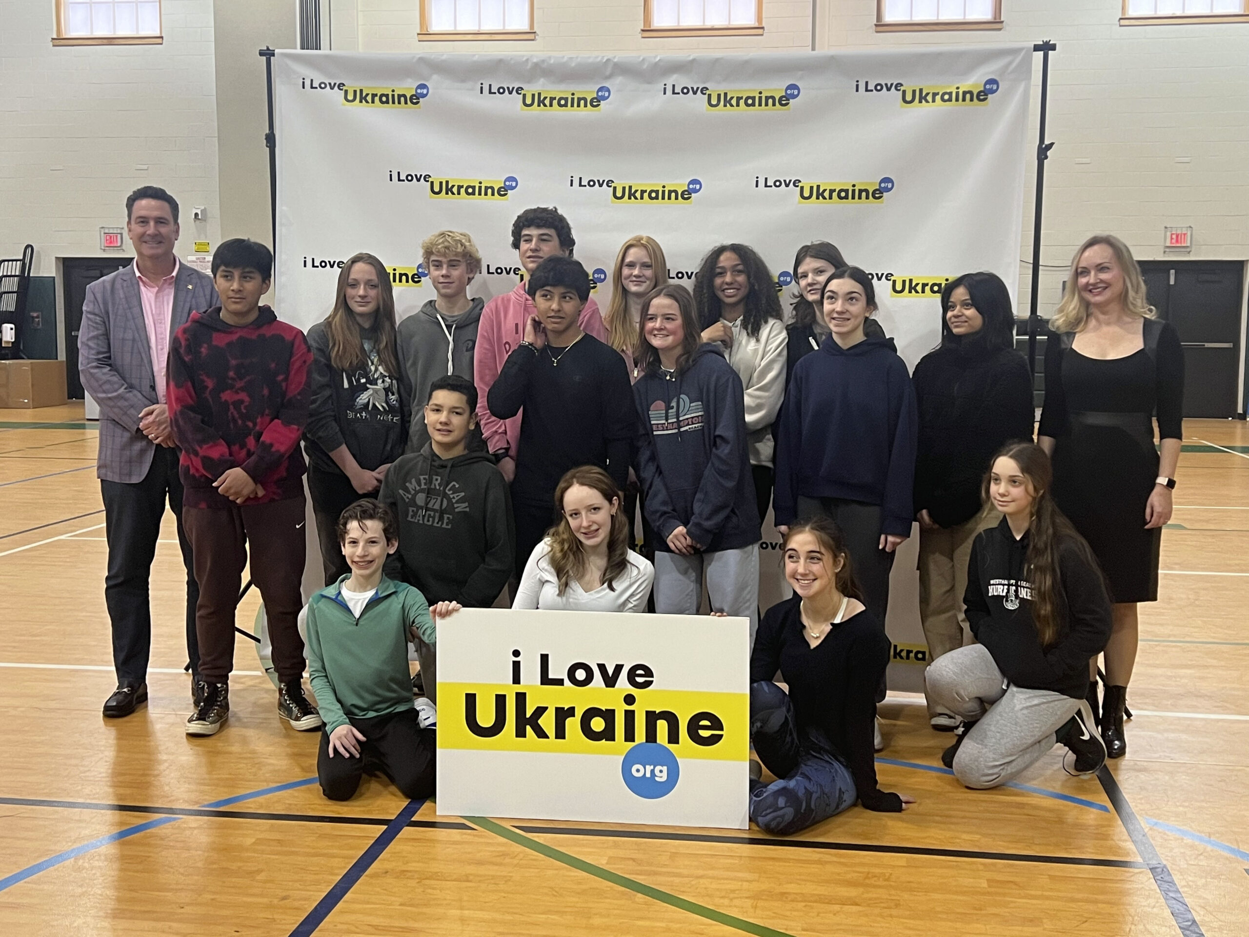 Students at Westhampton Beach Middle School put together care packages for the Ukraine Military on Thursday morning.  Over 1000 packages were made up on Wednesday and Thursday. The event coordinated by the school, Rocco A. Carriero Wealth Partners and iloveukraine.org.  DANA SHAW
