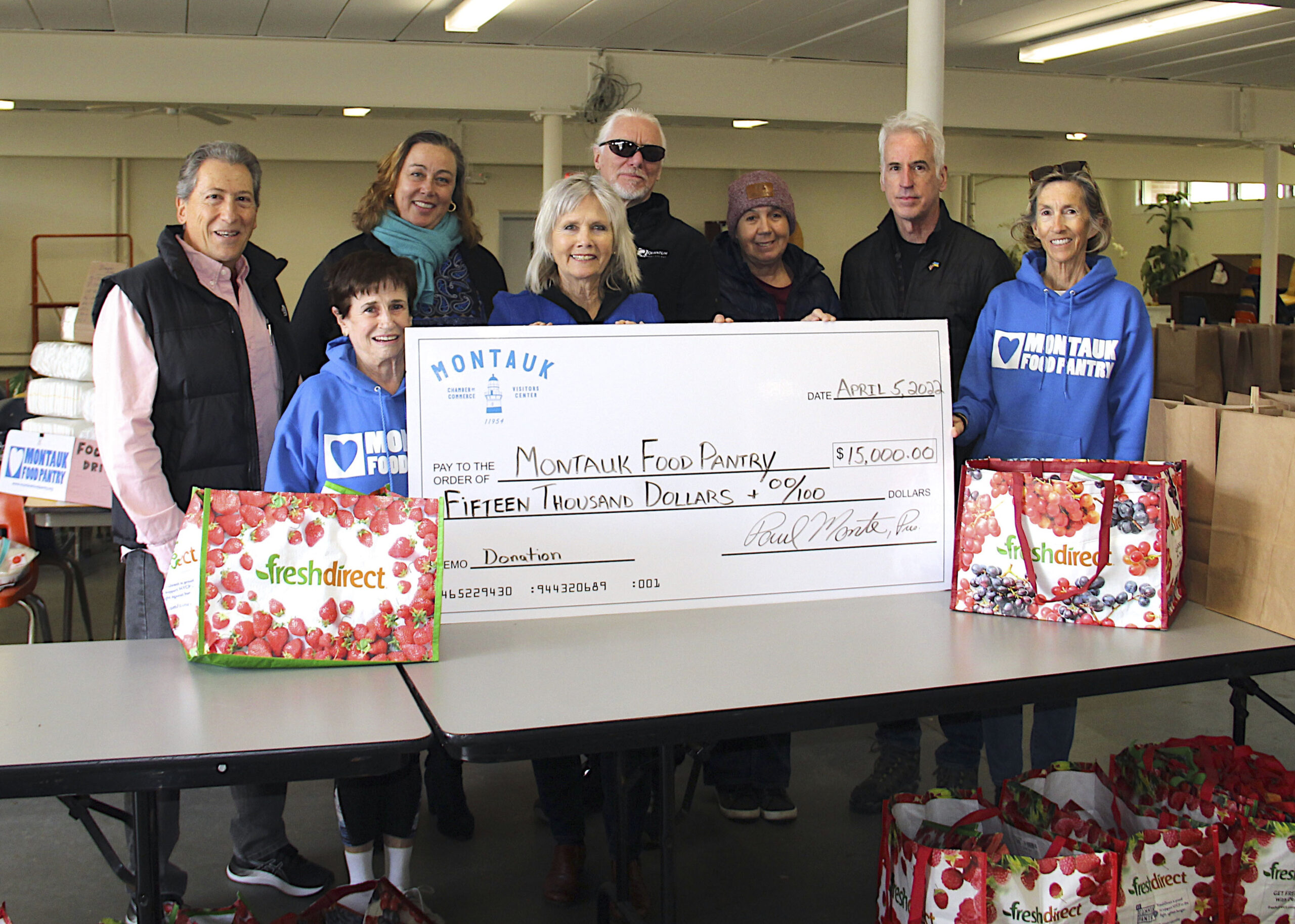 The Montauk Chamber of Commerce recently donated $15,000 to the Montauk Food Pantry. Left to right, Paul Monte, Lorraine Kelly, Jennifer Fowkes, Alice Houseknecht, Chris Pfund, Simone Monahan, Thomas Byrne and Patty Kinney.  KYRIL BROMLEY