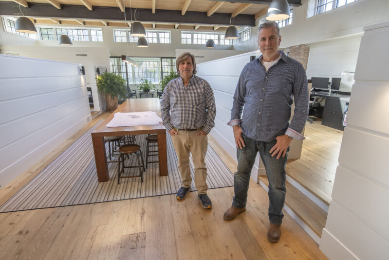 Michael Derrig and Mark Sichling of Building Details, a recently launched subsidiary of Landscape Details, in the company's East Hampton office. MICHAEL HELLER
