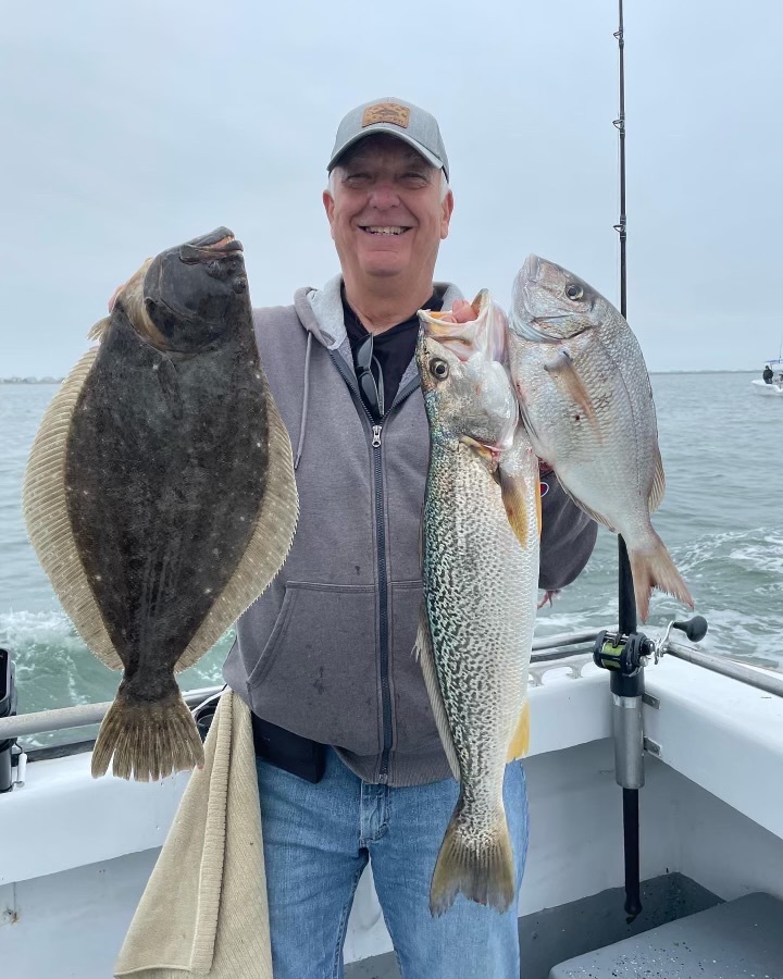 Steve Sullivan with a a Peconic Bay taco trifecta caught aboard the Shinnecock Star last week.