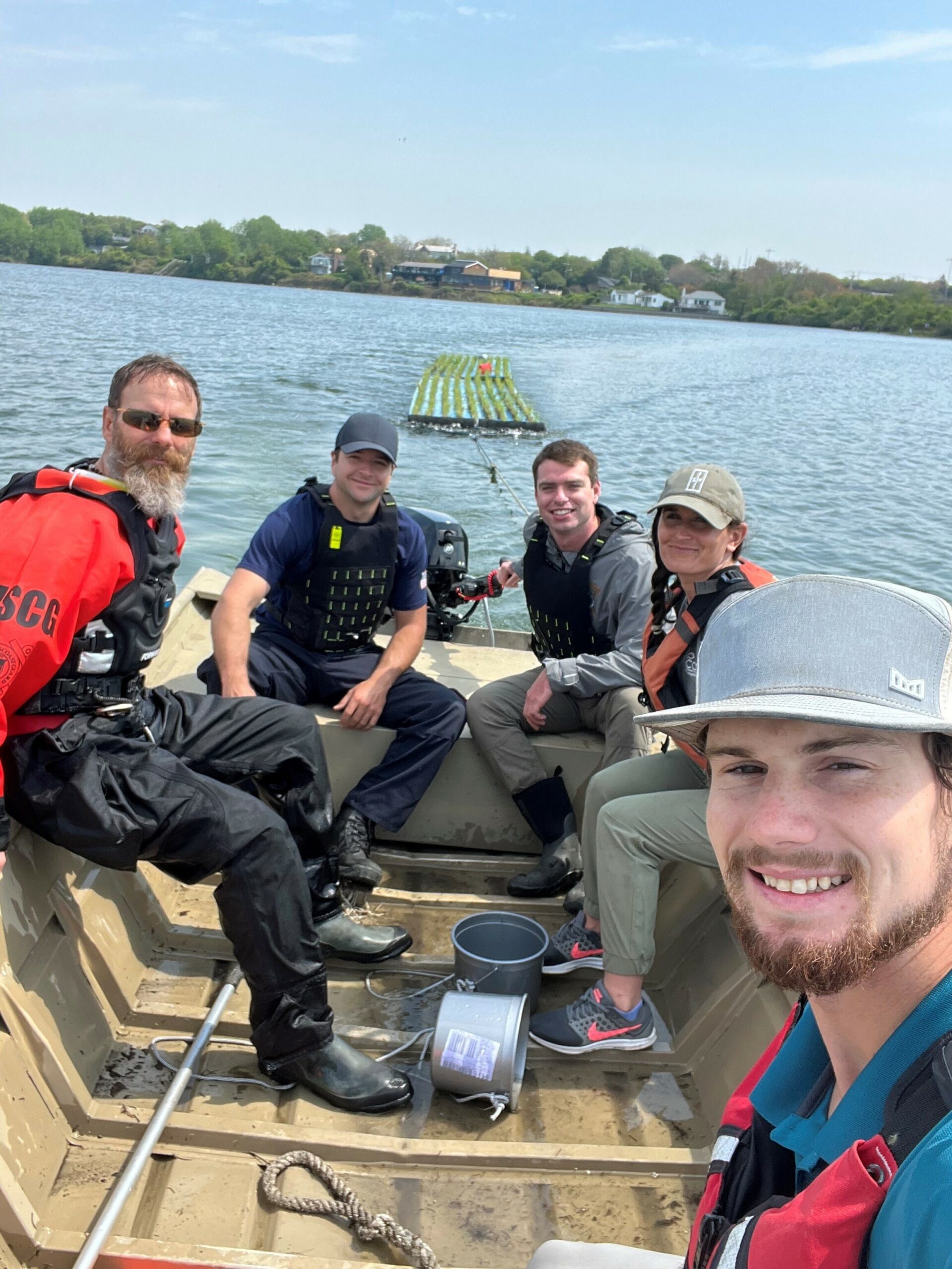 The Concerned Citizens of Montauk, with help from volunteers, installed floating wetlands in Fort Pond recently. COURTESY CONCERNED CITIZENS OF MONTAUK