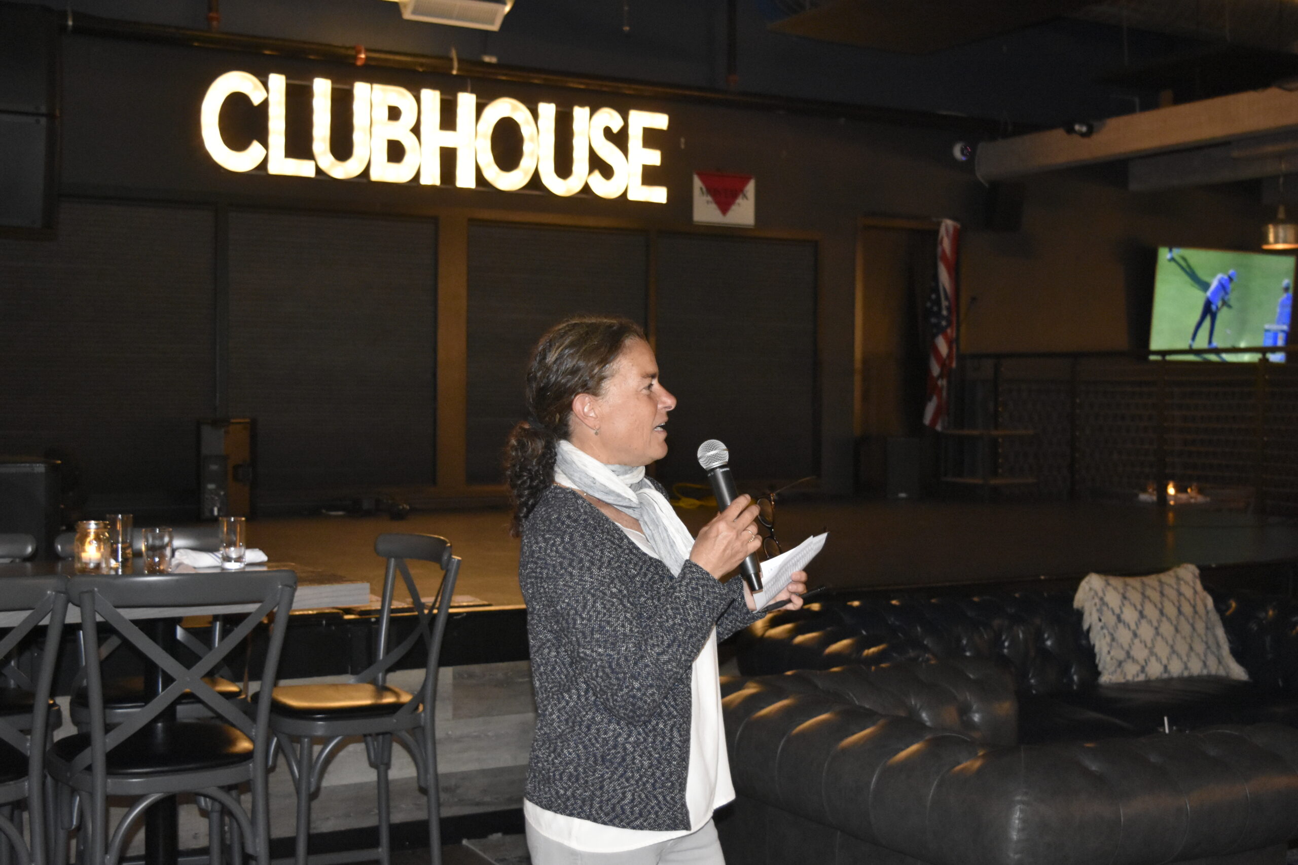 Old Montauk Athletic Club President Sharon McCobb opens up the awards ceremony.    DREW BUDD