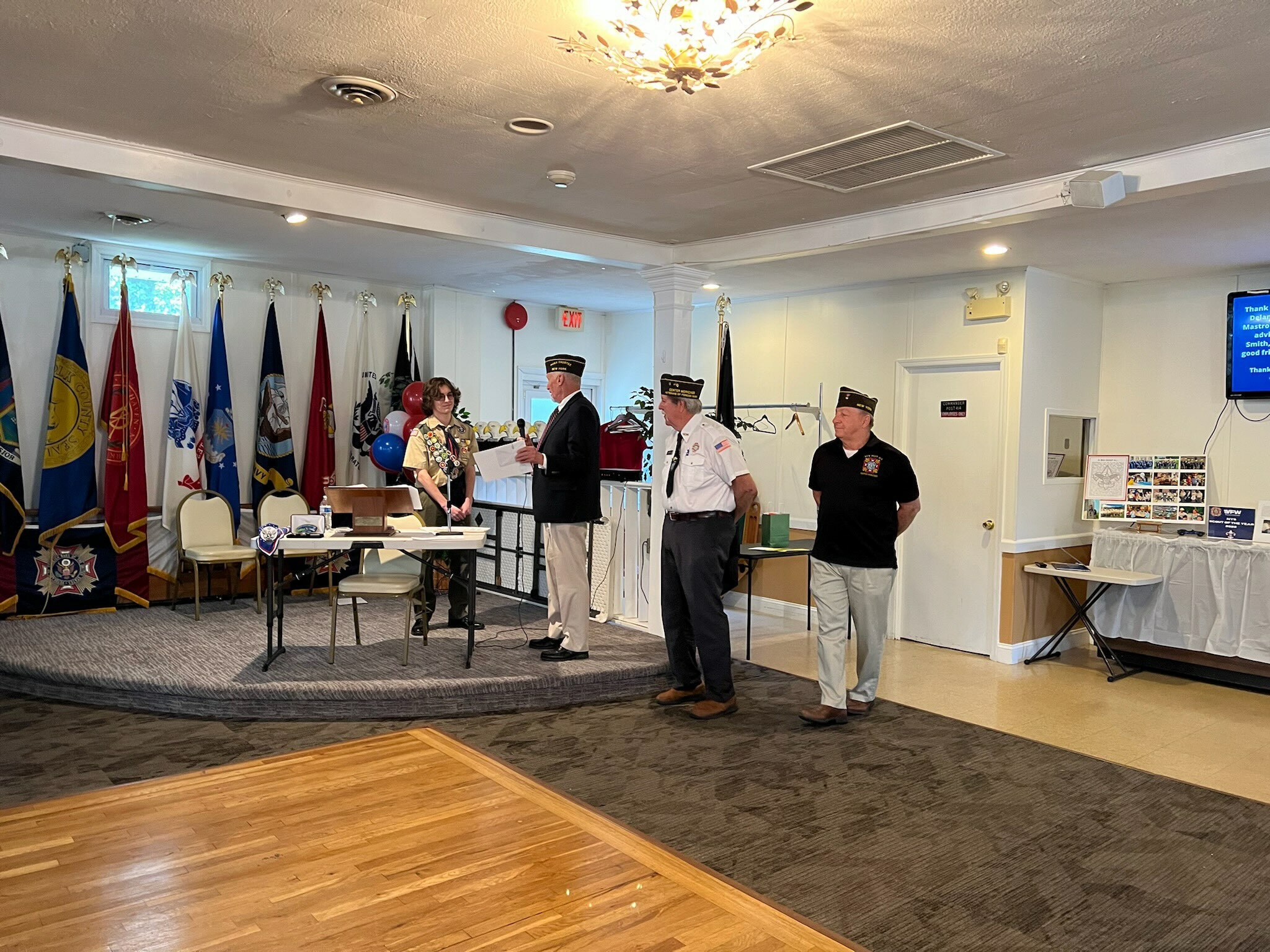 On May 1, an Eagle Court of Honor was held at VFW Post 414 in Center Moriches honoring Louis Mattiolo of Troop 62 in Westhampton Beach, who has also been selected as the VFW Department of NY Scout of the Year.  From left, Mattiolo; Al Sparrow Post Trustee Post 5350; Bob Galbraith Post Commander Post 414 and Louis Bahr Past Post Commander Post 414. COURTESY WILLIAM HUGHES