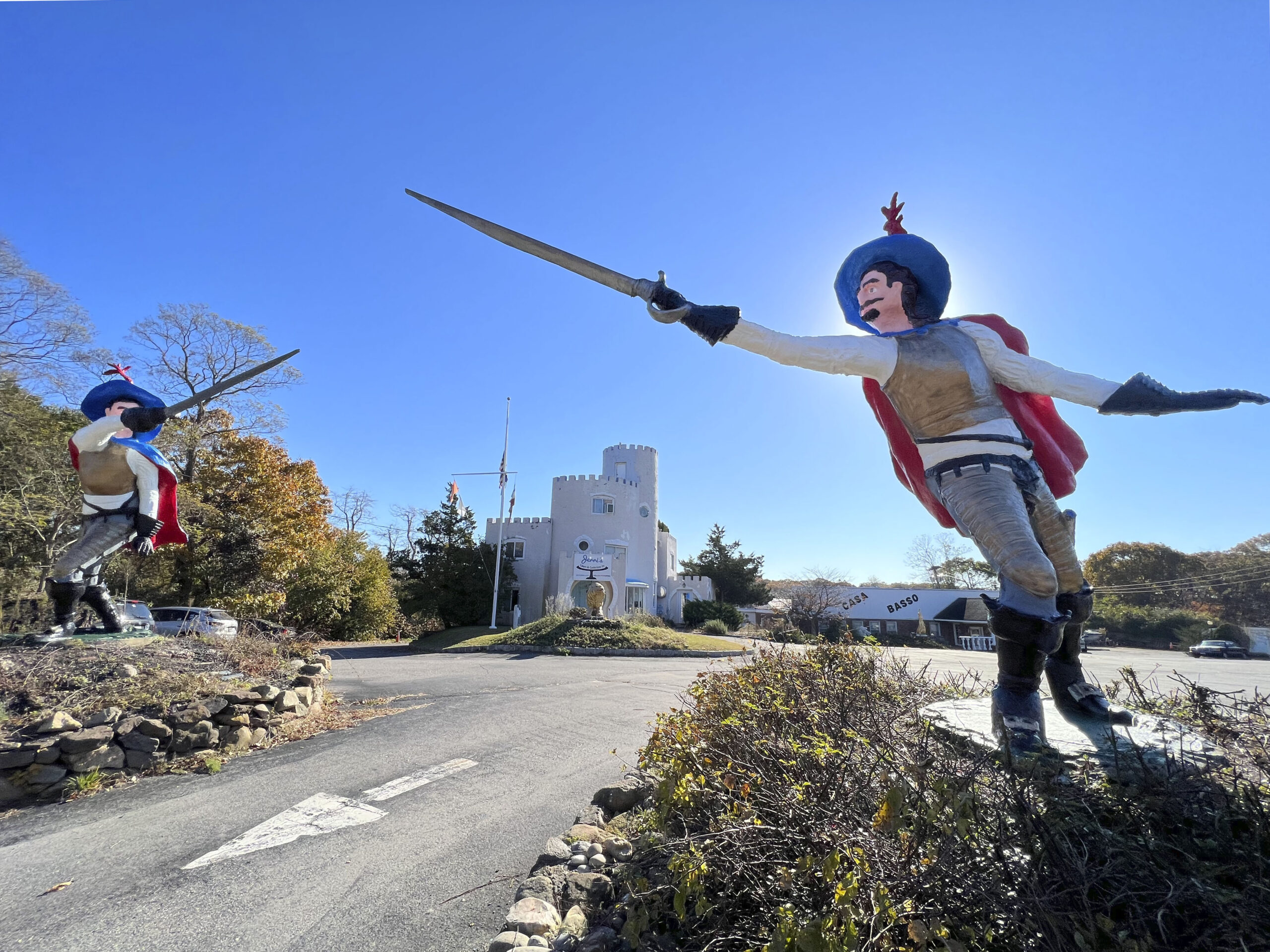 The Brouwer site on Montauk Highway in Westhampton as the location of Casa Basso, a restaurant opened by the Basso family in 1928, was distinguished by 12-foot-high statues of dueling cavaliers left by Brouwer when he closed his business and sold the property.   DANA SHAW