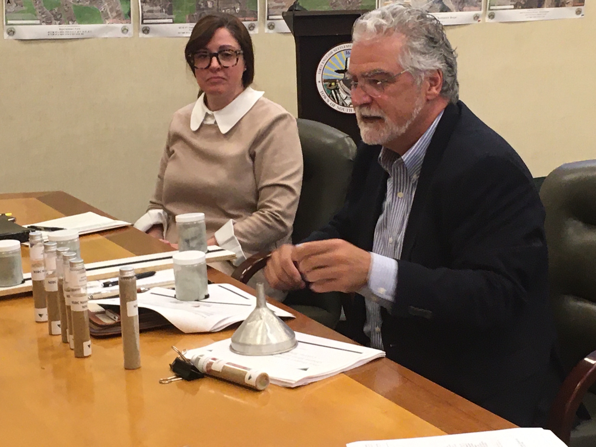 Coastal erosion consultant Aram Terchunian and Deputy Town Attorney Kathleen Murray offered an update on the North Sea Beach Colony erosion control district to the Southampton Town Board.    KITTY MERRILL