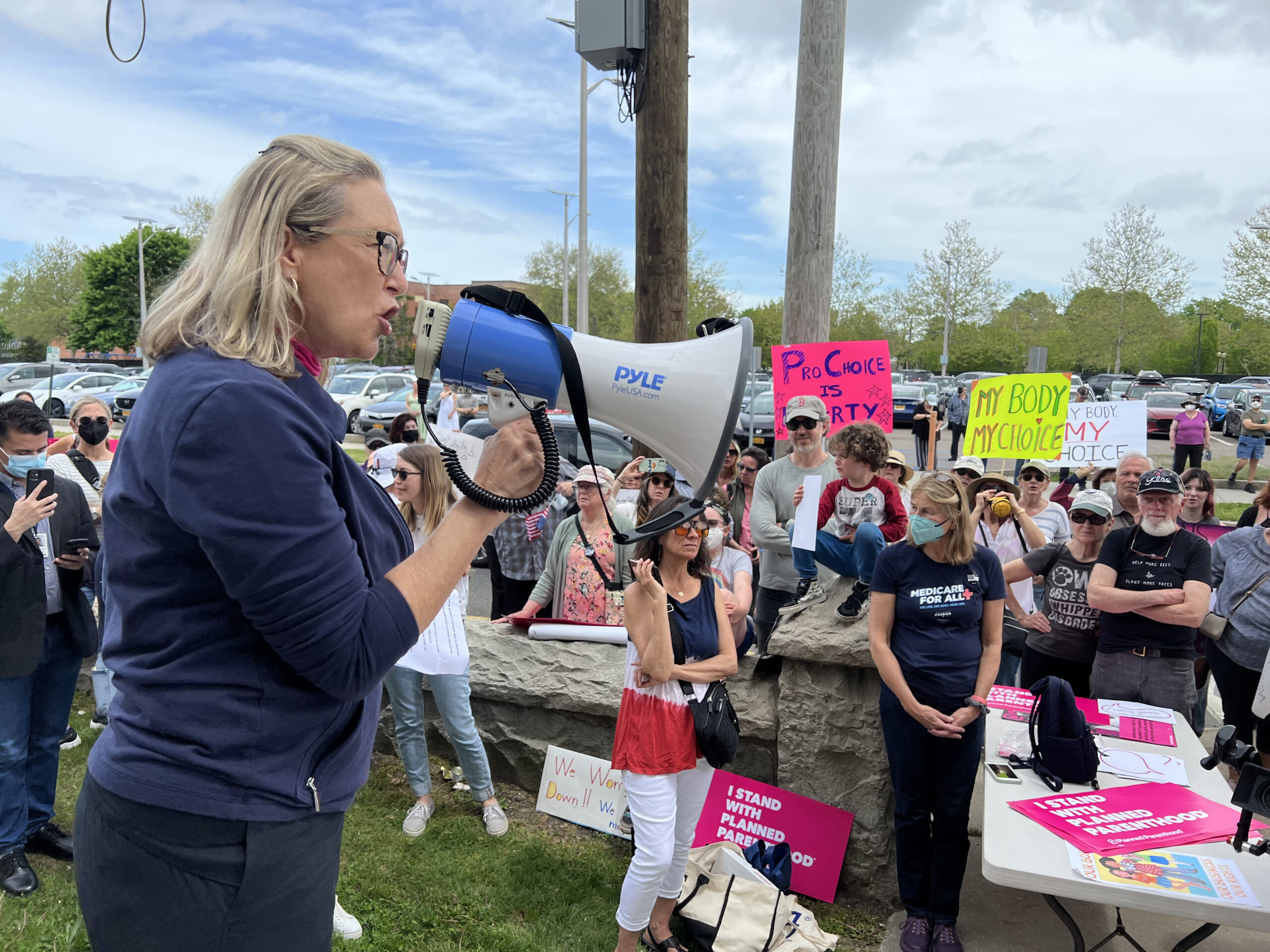 Suffolk County Legislator Bridget Fleming speaks at the rally on Saturday.   DANA SHAW
