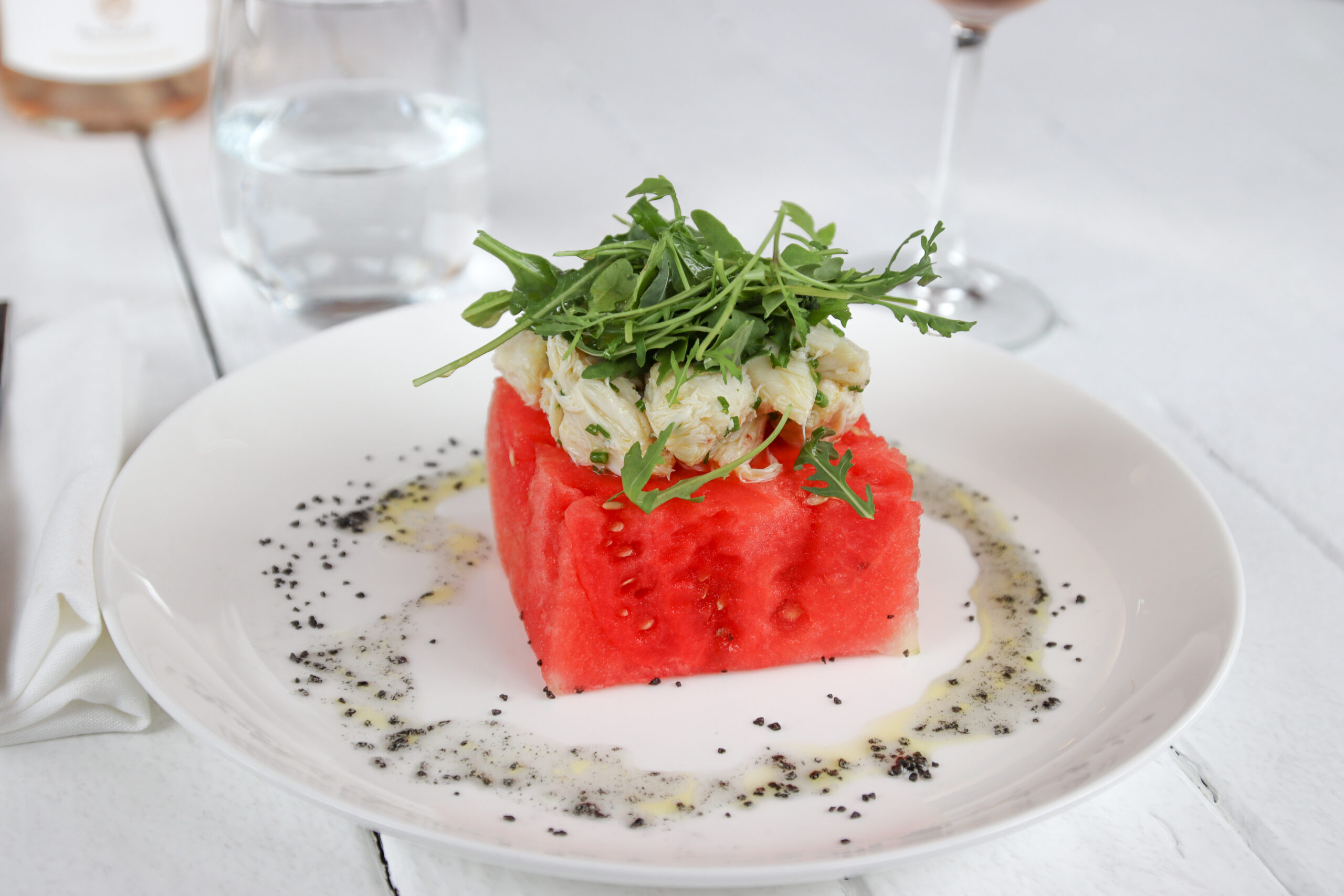 La Fin's new crab and watermelon salad.  ORGANIC KRUSH