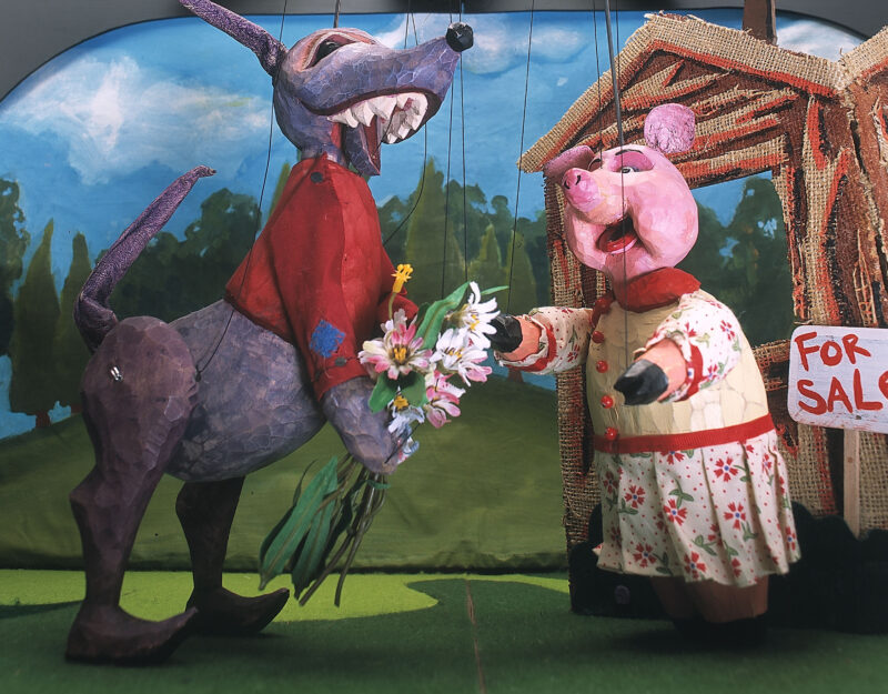 A scene from Liz Joyce’s “Three Little Pigs.” COURTESY GOAT ON A BOAT PUPPET THEATRE