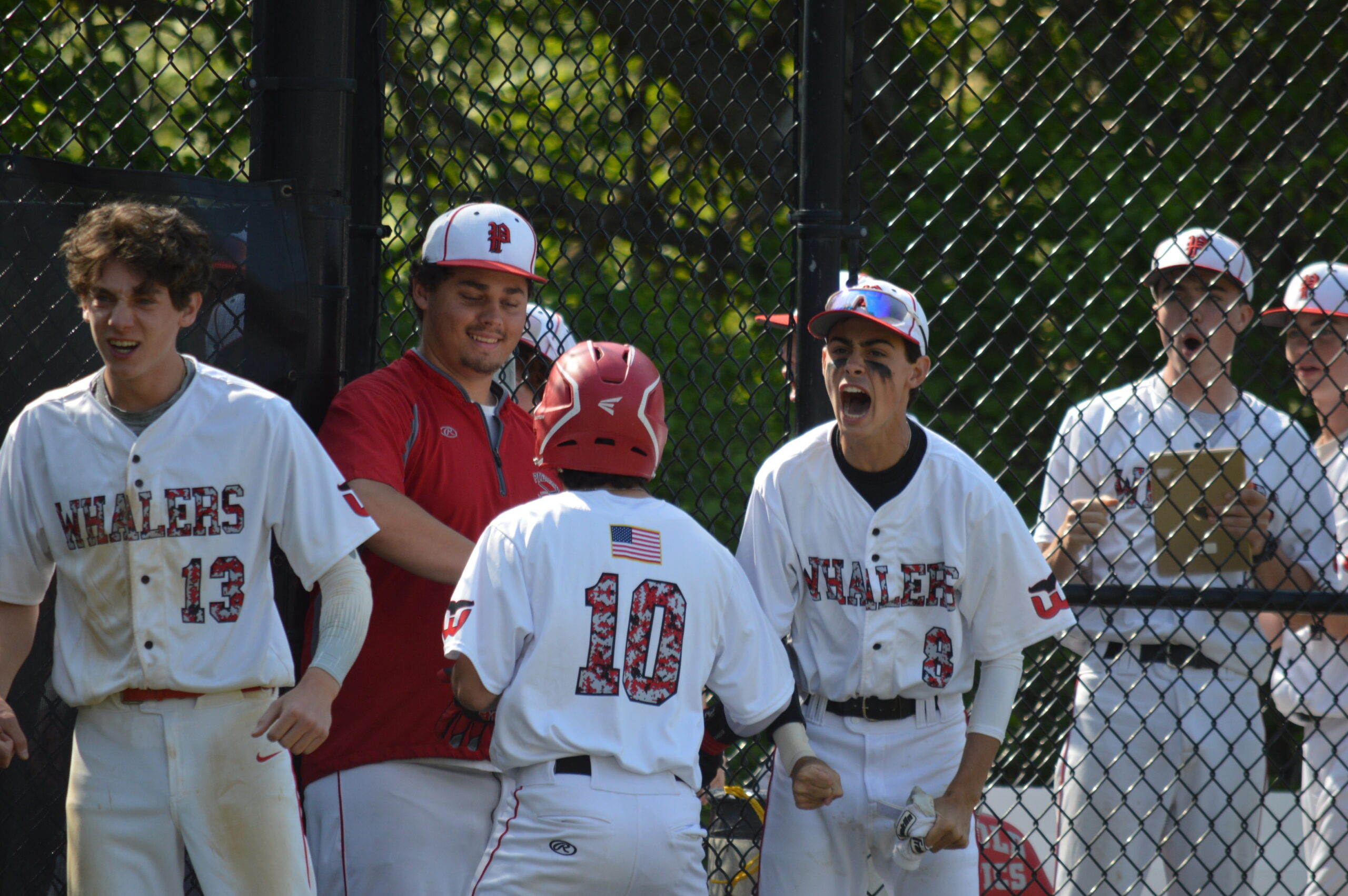 Pierson’s Brendan Burke is fired up after Max Krotman came around to score in the first inning.   GAVIN MENU