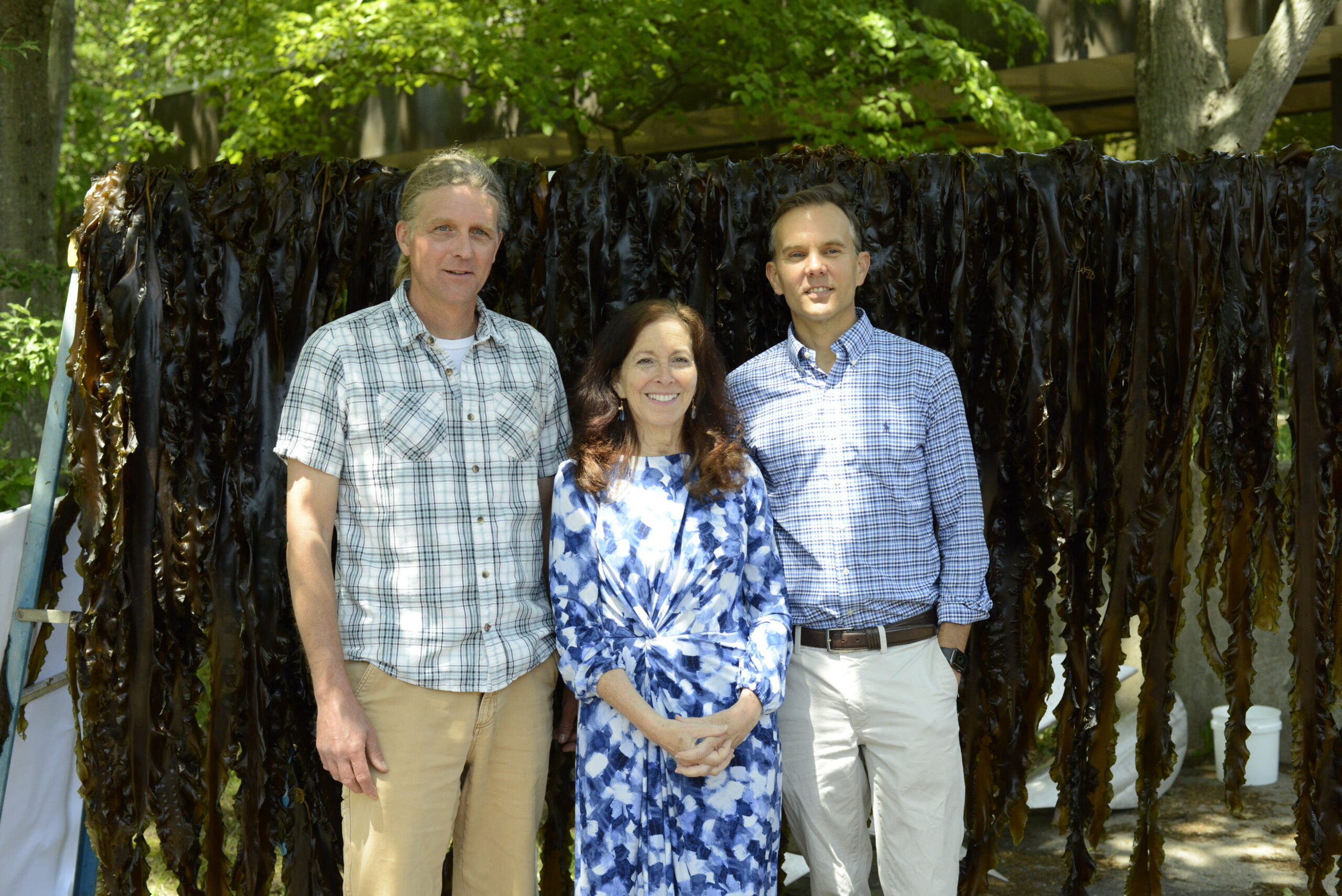 Mike Doall, Adrienne Esposito and Christopher Gobler (left to right) at a press conference at Stony Brook University in front of kelp harvested from the East River.