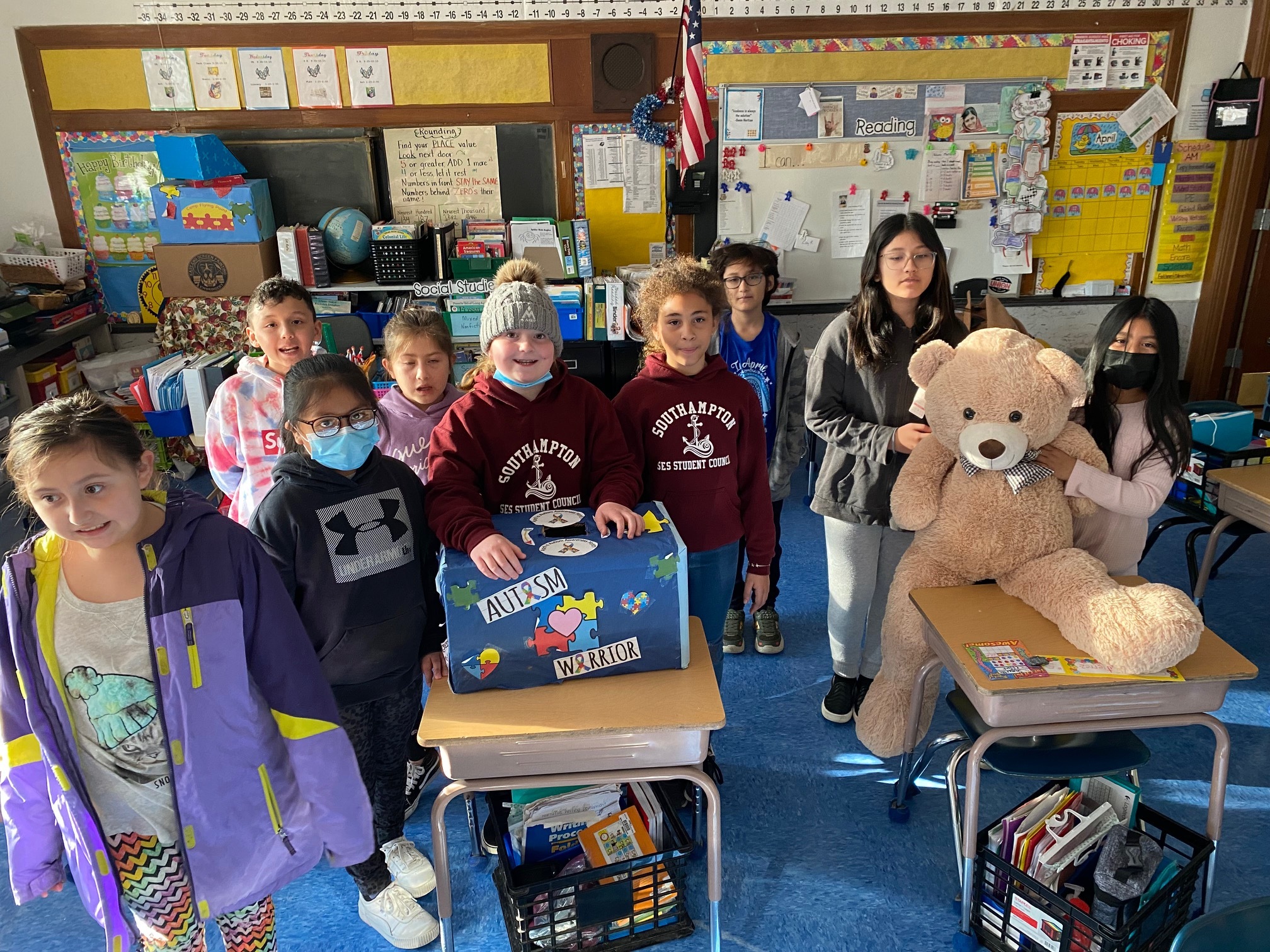 Student council members at Southampton Elementary School recently held an autism awareness fundraiser, raffling off a teddy bear. Proceeds will go to the Flying Point Foundation for Autism.  COURTESY SOUTHAMPTON ELEMENTARY SCHOOL