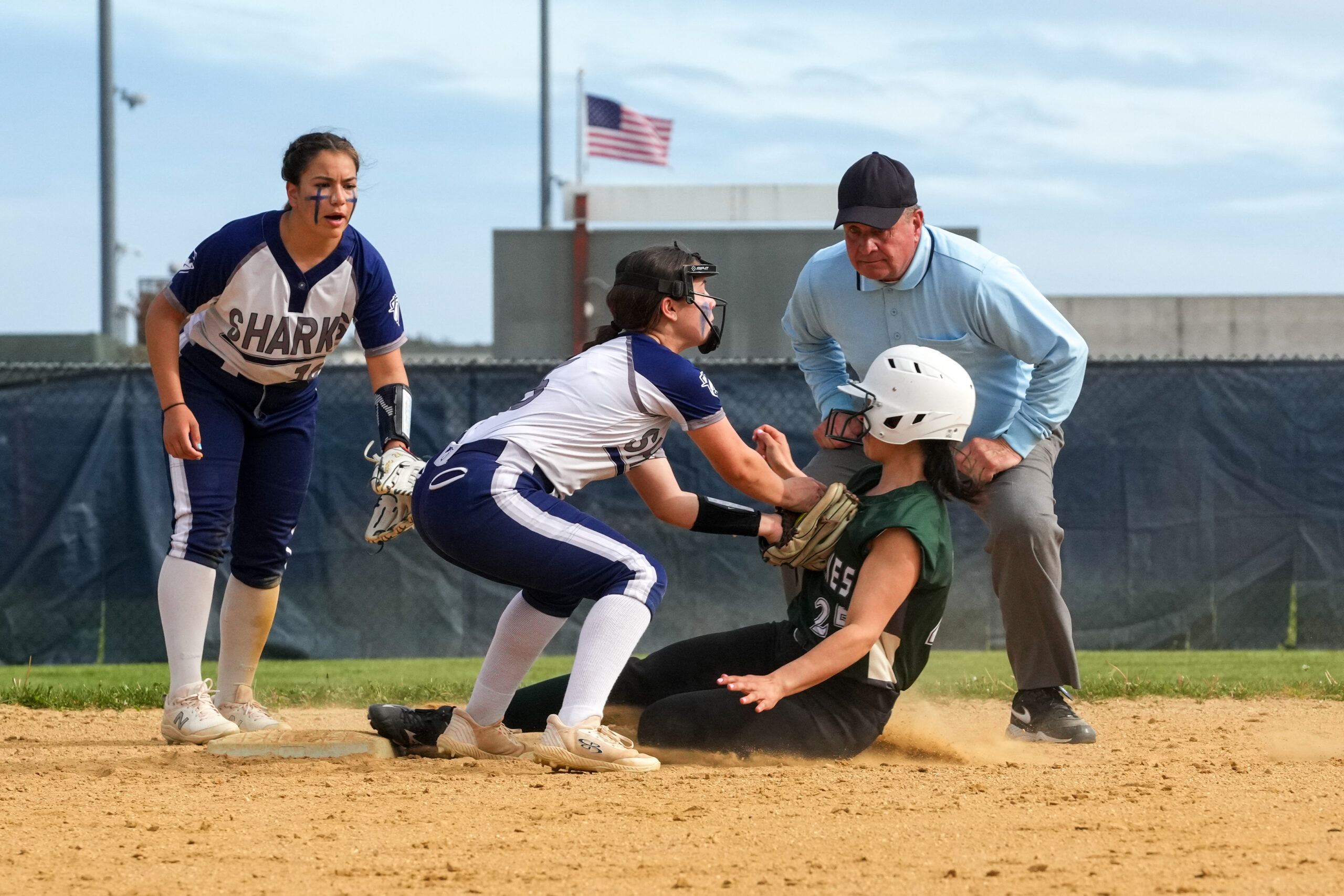 Antonella Russo slides into second base as she's tagged by an ESM player.   RON ESPOSITO