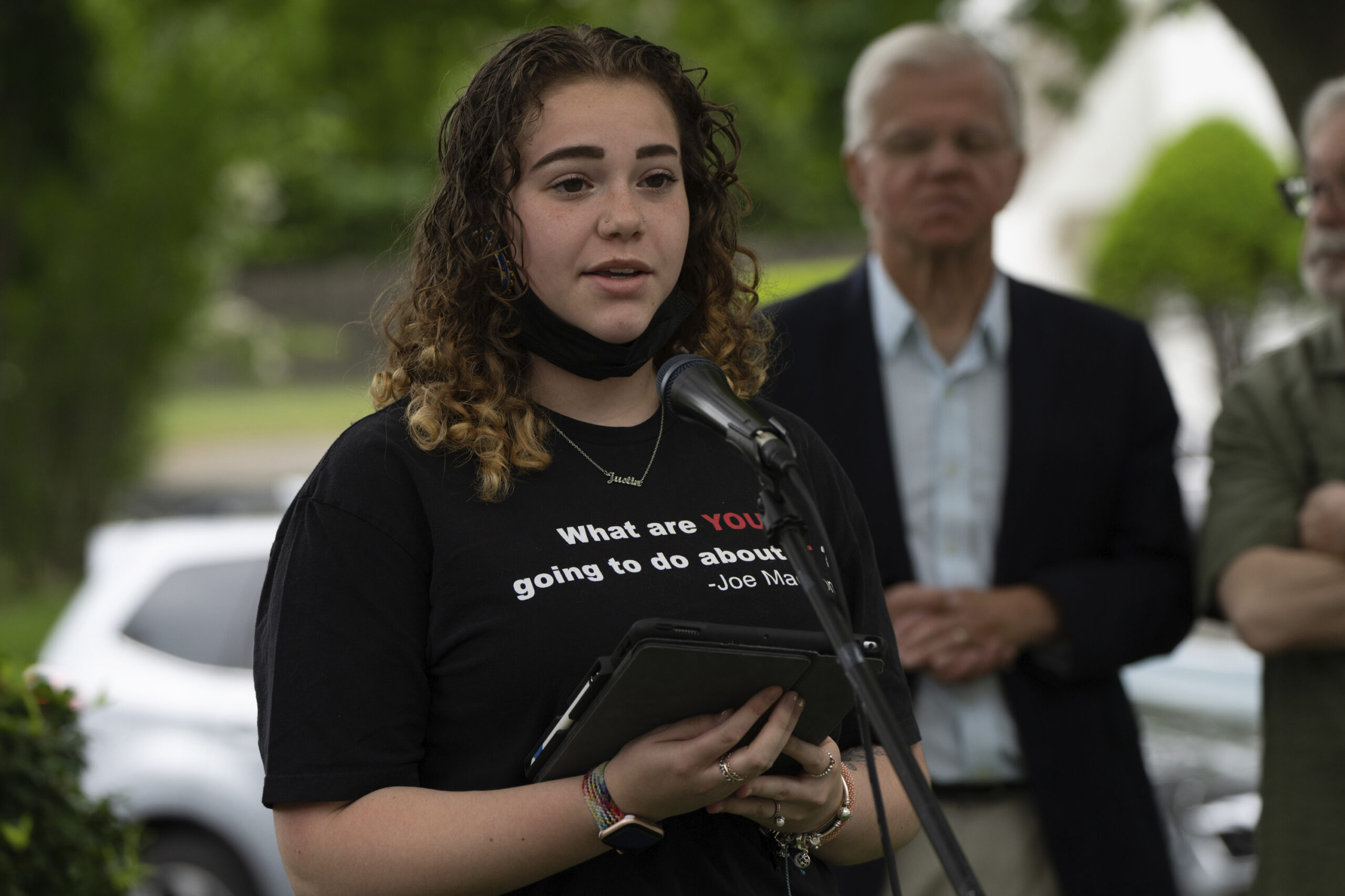 Student Jaycee Newcomb speaks at the  anti-gun rally outside at the Southampton Town Hall on Saturday.  LORI HAWKINS