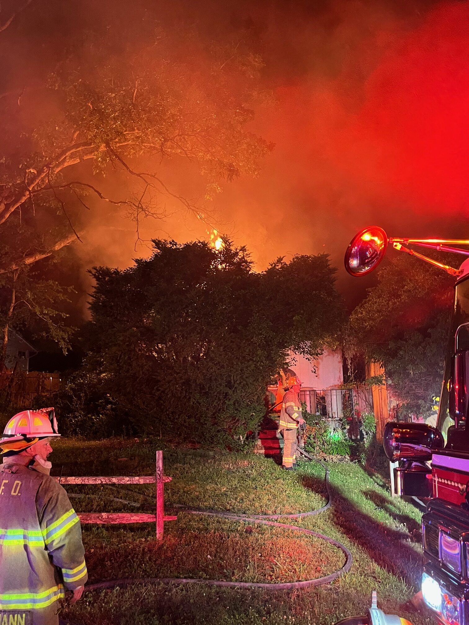 Firefighters battled a house fire on Wildwood Trail in Northampton on June 14. COURTESY RIVERHEAD FIRE DEPARTMENT