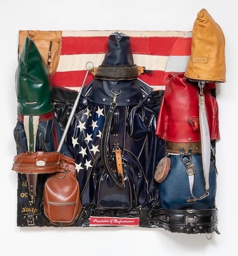 Charles McGill, Patriot, 2012. Reconfigured golf bags, 48 x 48 x 15 in. C/O THE ESTATE OF CHARLES MCGILL