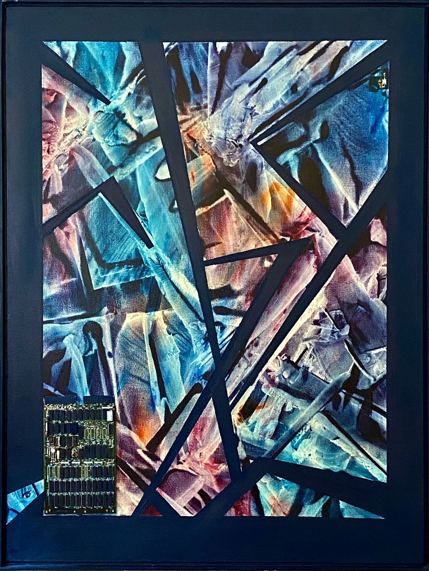 Short Circuit, 1990 / 1993. Oil and circuit board on canvas, 40 x 30 in.