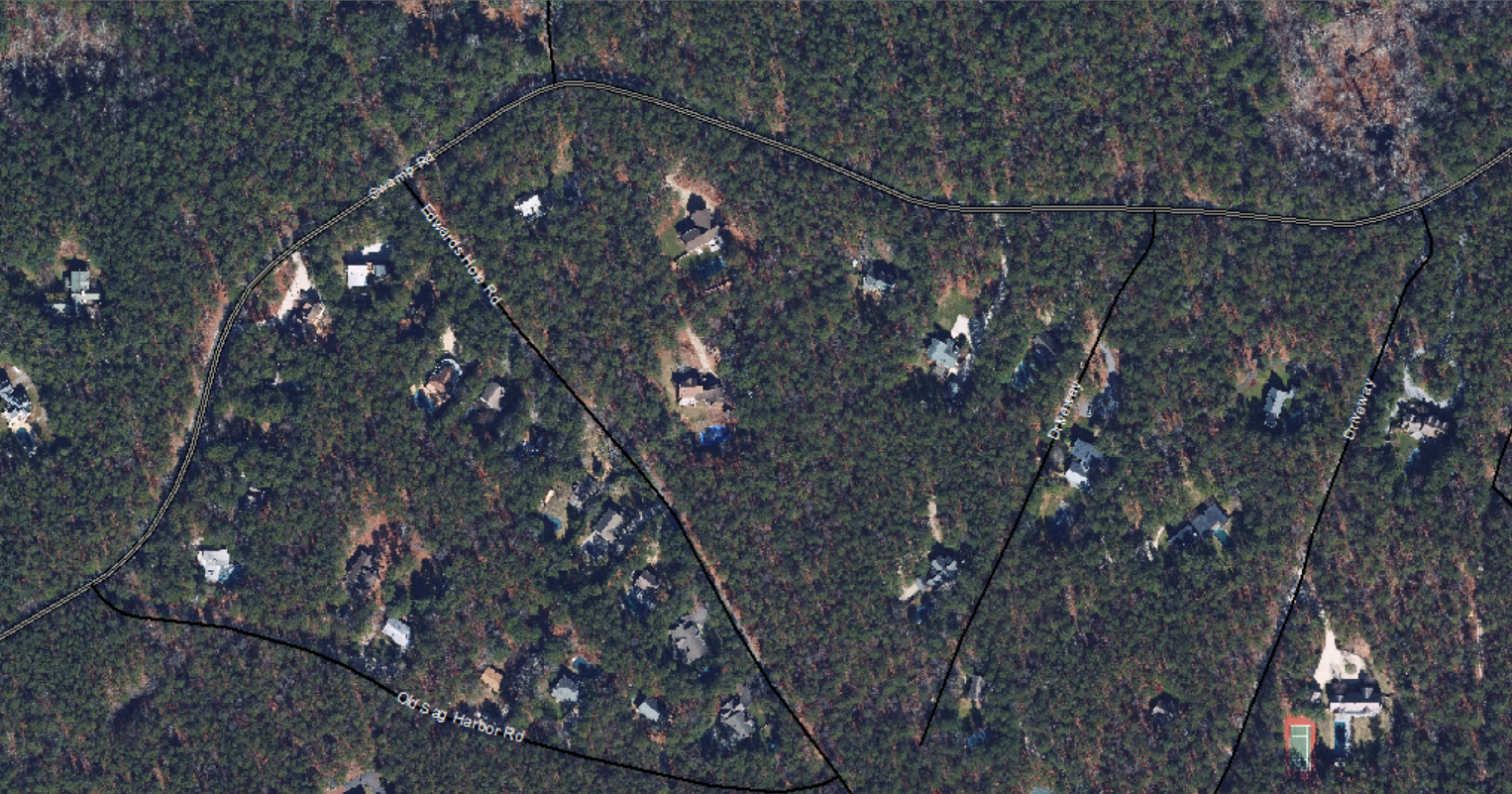 An aerial view of Peter Van Scoyoc's property in the Northwest Woods in 2016, prior to the southern pine beetle's arrival. COURTESY EAST HAMPTON TOWN
