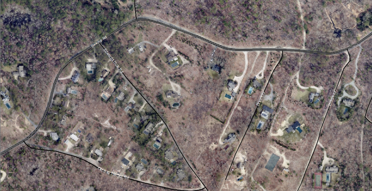 An aerial view of Peter Van Scoyoc's property in the Northwest Woods in 2022, after the southern pine beetle arrived. COURTESY EAST HAMPTON TOWN