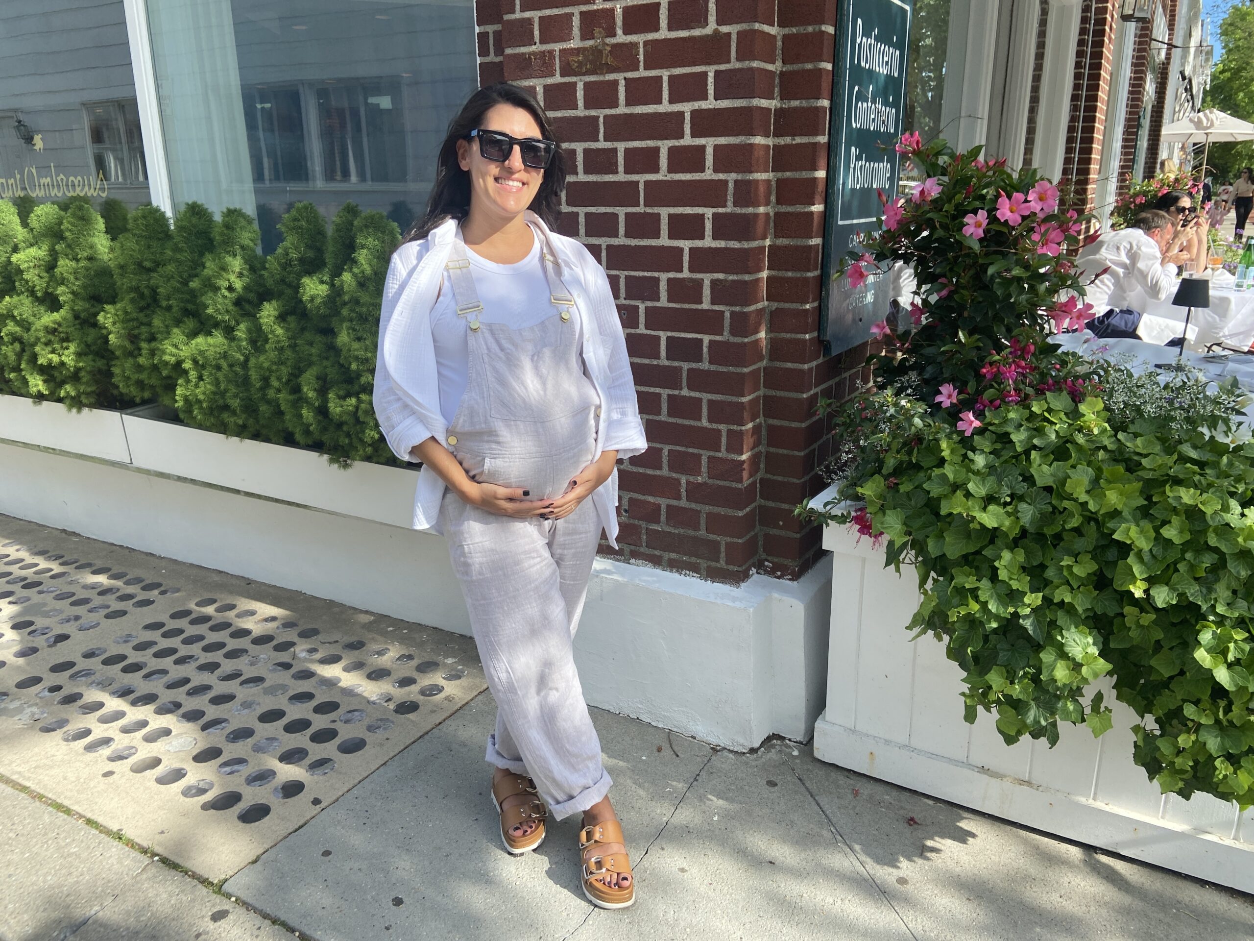 BY JULIA HEMING Margot McCormick in coastal grandmother inspired neutral overalls by WeWoreWhat and a linen shirt by One State in the Southampton Village.