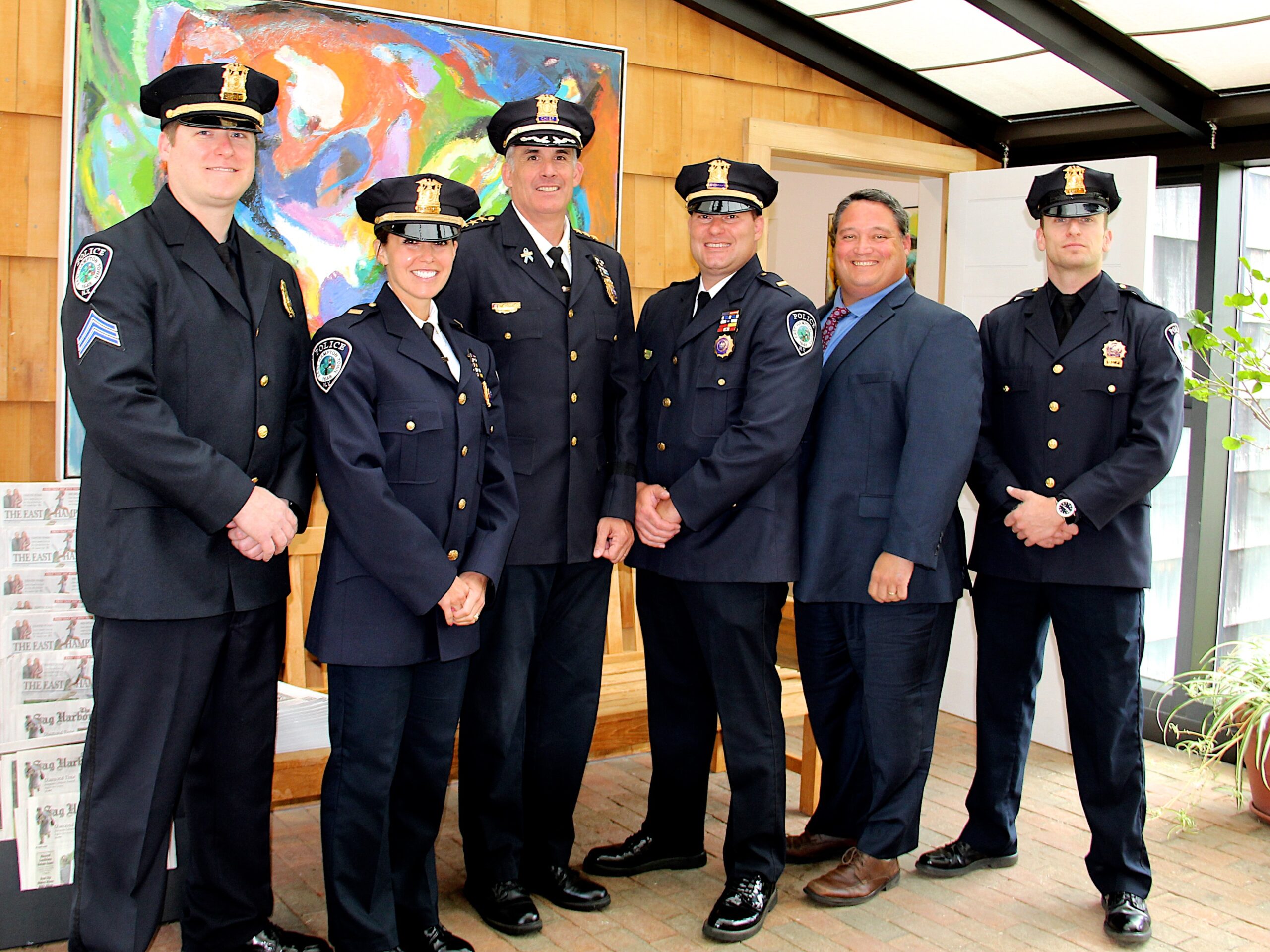 The East Hampton Town Police Department swore in several newly promoted officers on Tuesday. Pictured from left are Sergeant Ryan Fink, Lieutenant Chelsea Tierney, Chief Michael Sarlo, Lieutenant Daniel Toia, Detective Sergeant Ryan Hogan and Detective Luke McNamara.