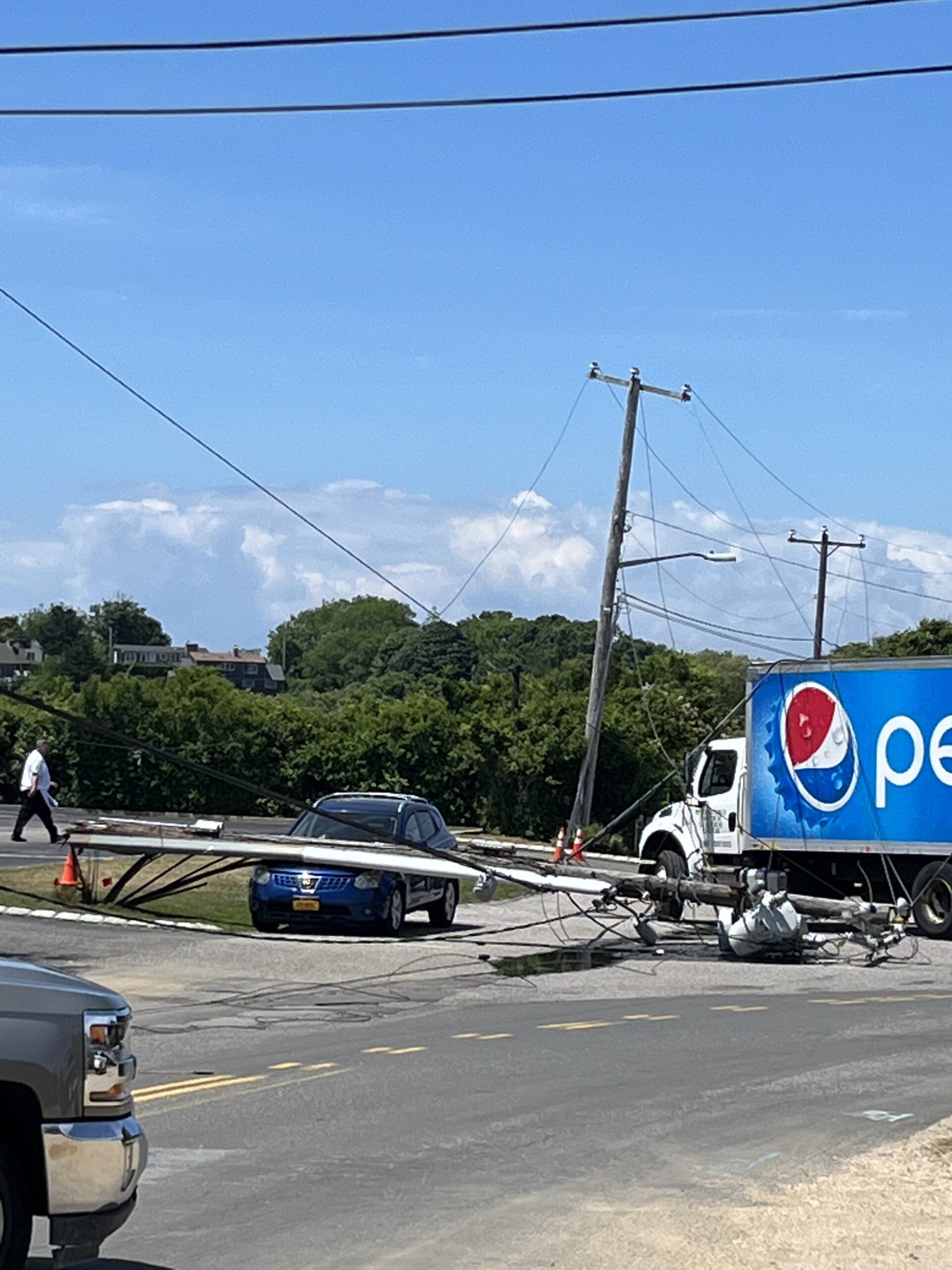 The crash on Emery Street took down power lines, leaving much of downtown Montauk without electricity.