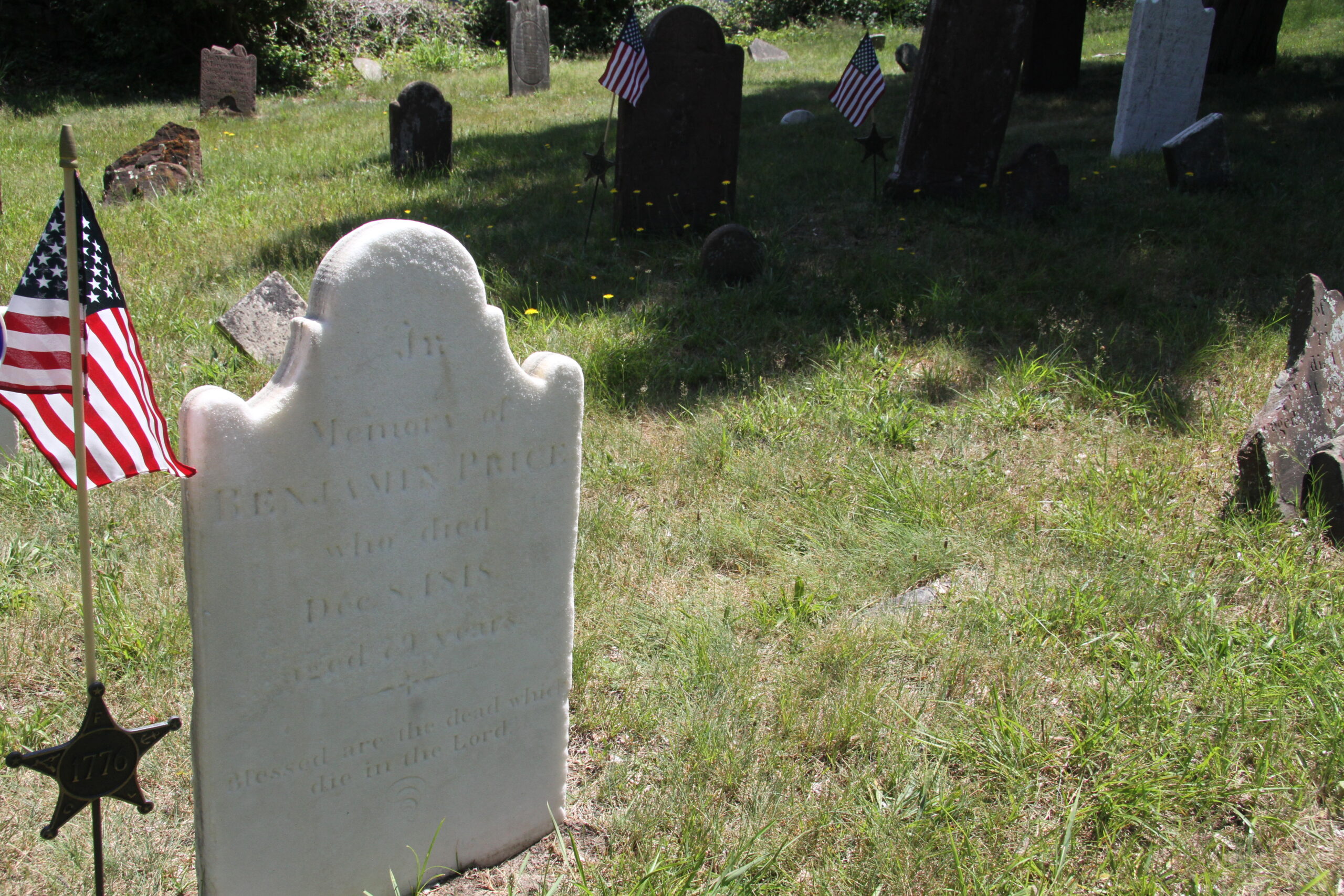 One of the 22 graves of confirmed patriots buried at the Old Burying Ground in Sag Harbor.