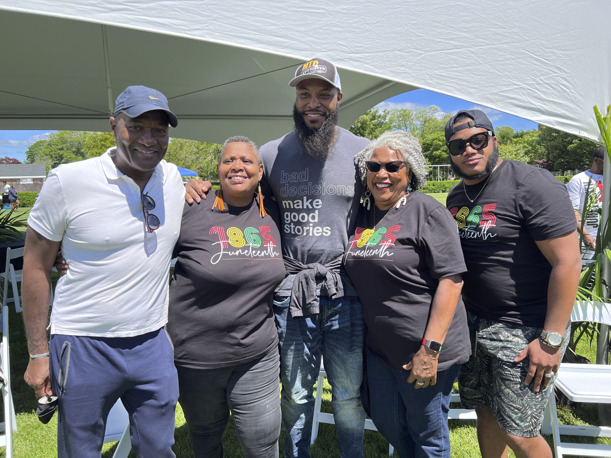 Carl Nelson, Denise Smith Meacham, Jermaine Brantley, Alberta Johnson and Roger Gossom at the Juneteenth celebration in Agawam Park in Southampton on Saturday.   DANA SHAW