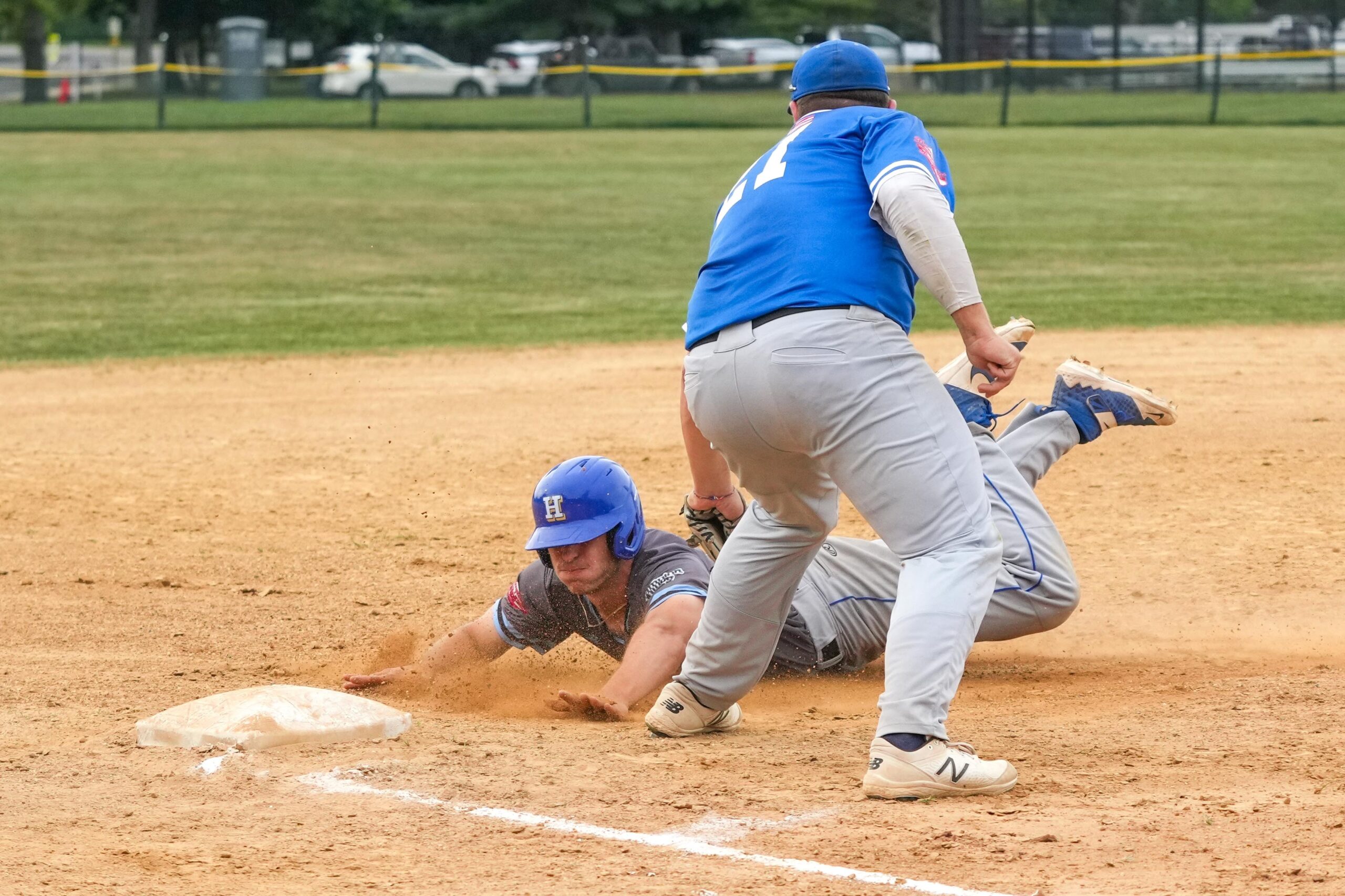 Southampton third baseman Freddy Forgione (SUNY Maritime) goes to tag out Whaler  ( ) .    RON ESPOSITO