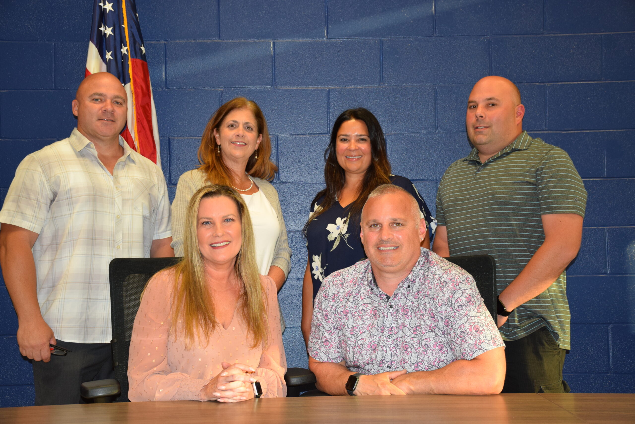 The Eastport-South Manor Board of Education held its annual reorganization meeting on July 6, swearing in newly elected members. The full board is, from left front, Vice President
Christine Racca, President James Governali; and back, trustees David Samartino, Cristina
(Tina) Costanza, Renee Pastor and Jeffrey Goldhammer. COURTESY EASTPORT-SOUTH MANOR SCHOOL DISTRICT