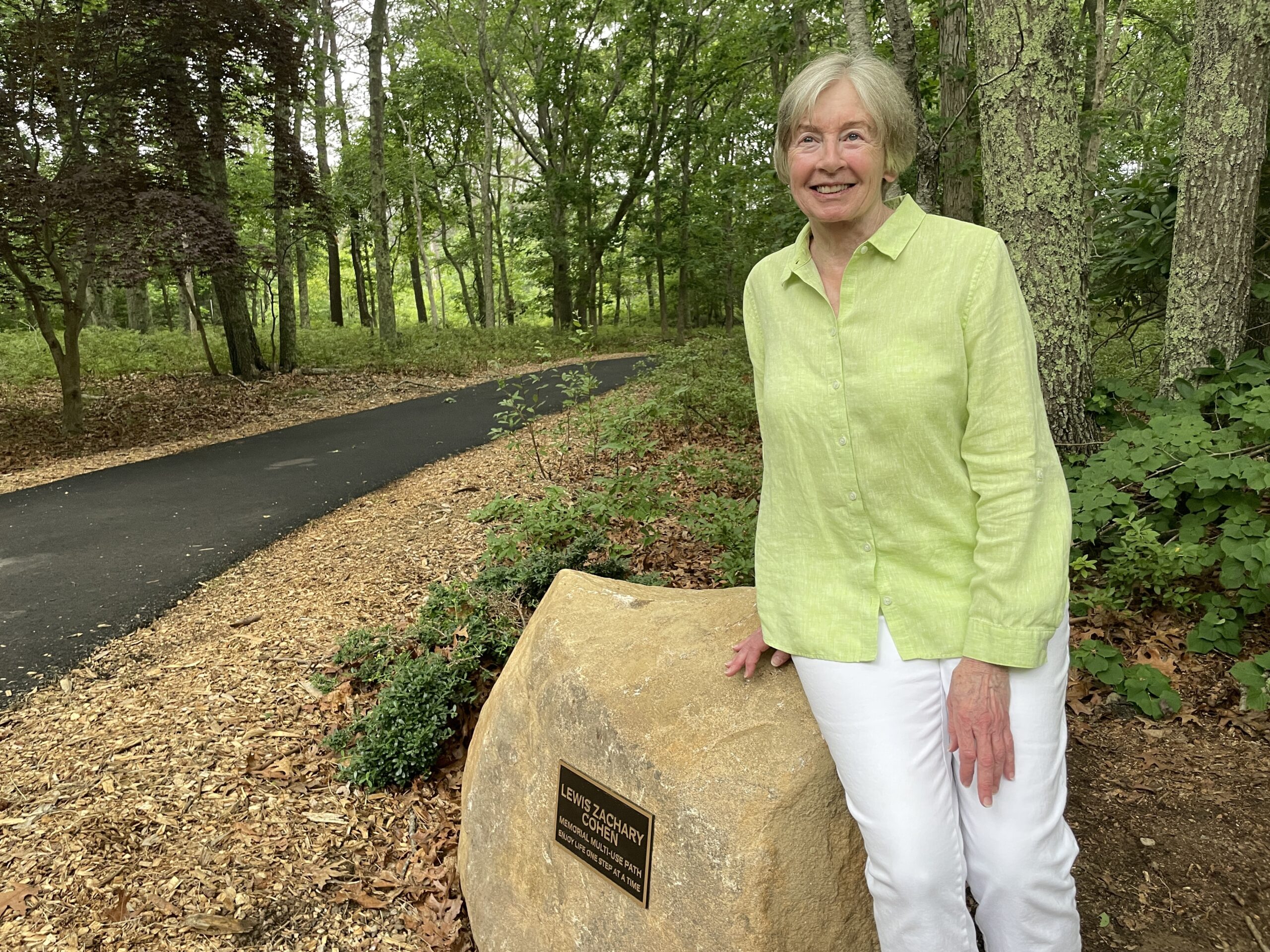 Pamela Cohen a the dedication of the new multi-use nature trail at the Buckskill Meadows Nature Preserve, which was dedicated on Monday in honor of her late husband, Zach Cohen, who had long advocated for a handcapped-accessible nature trail.