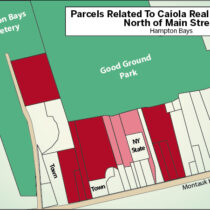 Holdings that trace to the Caiola Realty Group are in red. In pink, land owned by Good Ground Commons, Inc.