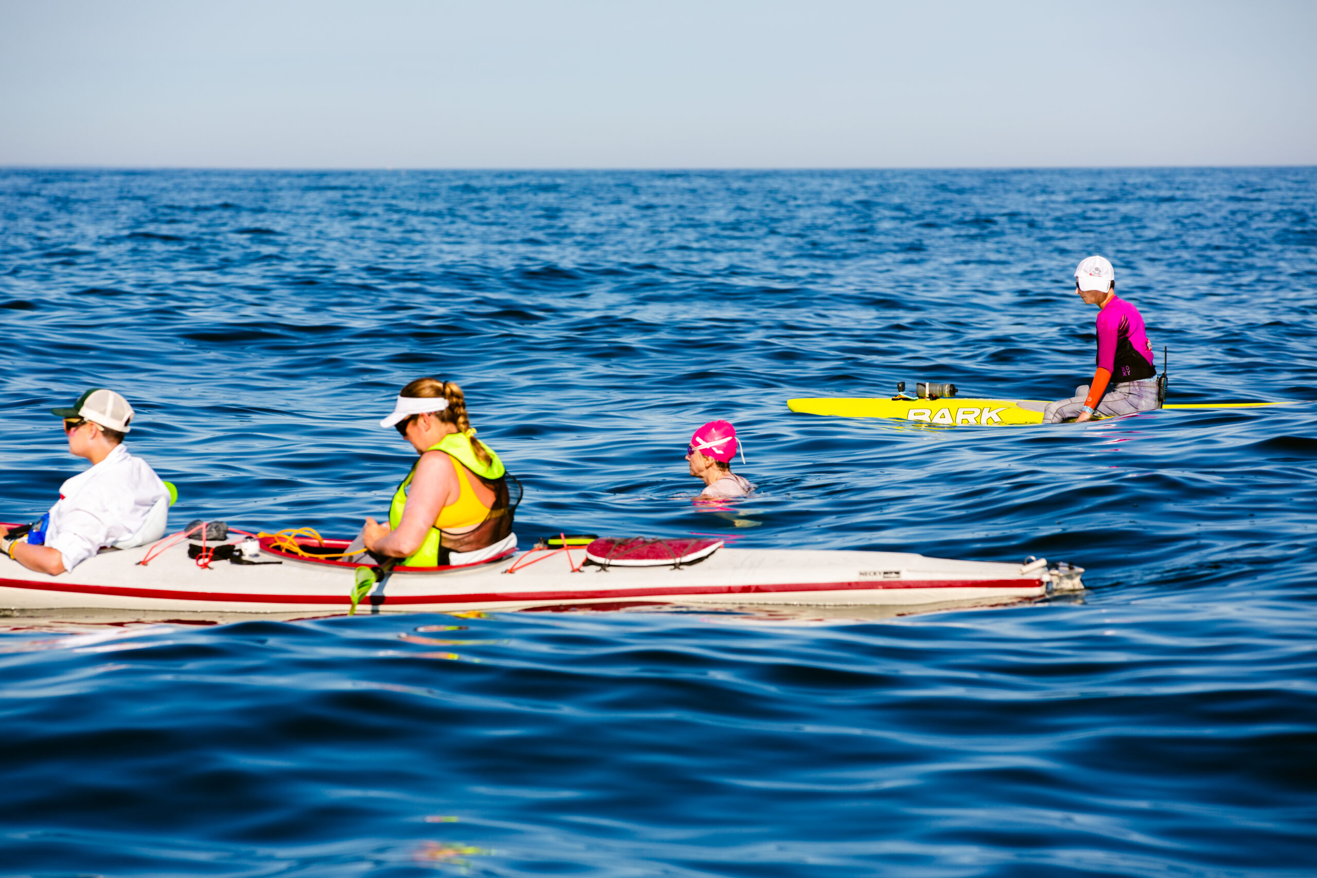 Lori King, 47, swam from Block Island to Montauk on August 3, flanked by a team of supporters on two boats, a kayak and paddle board. DREW MALONEY PHOTOS