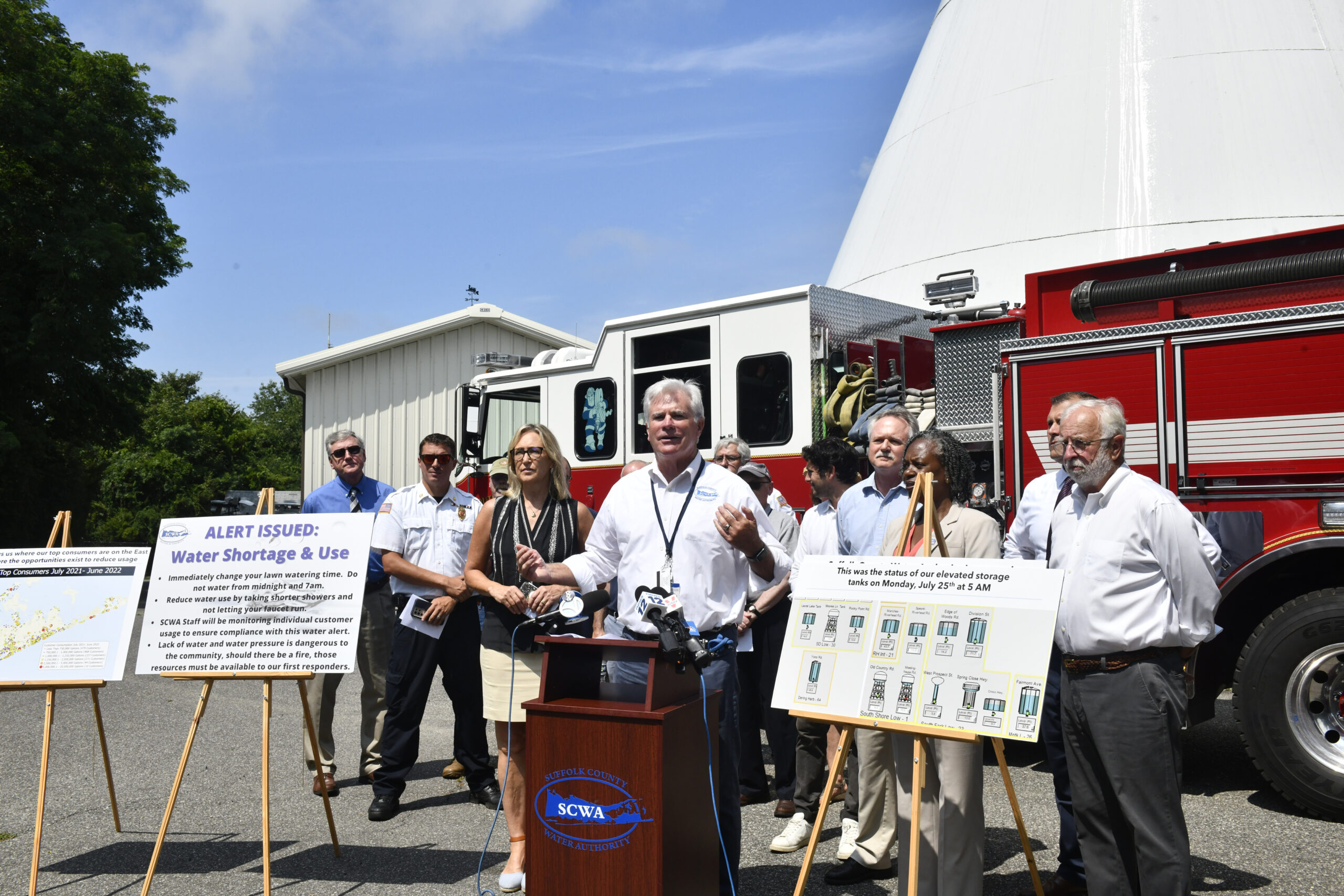 Pat Halpin, chairman of the Suffolk County Water Authority Speaks at a press conference on Tuesday in Southampton.  DANA SHAW