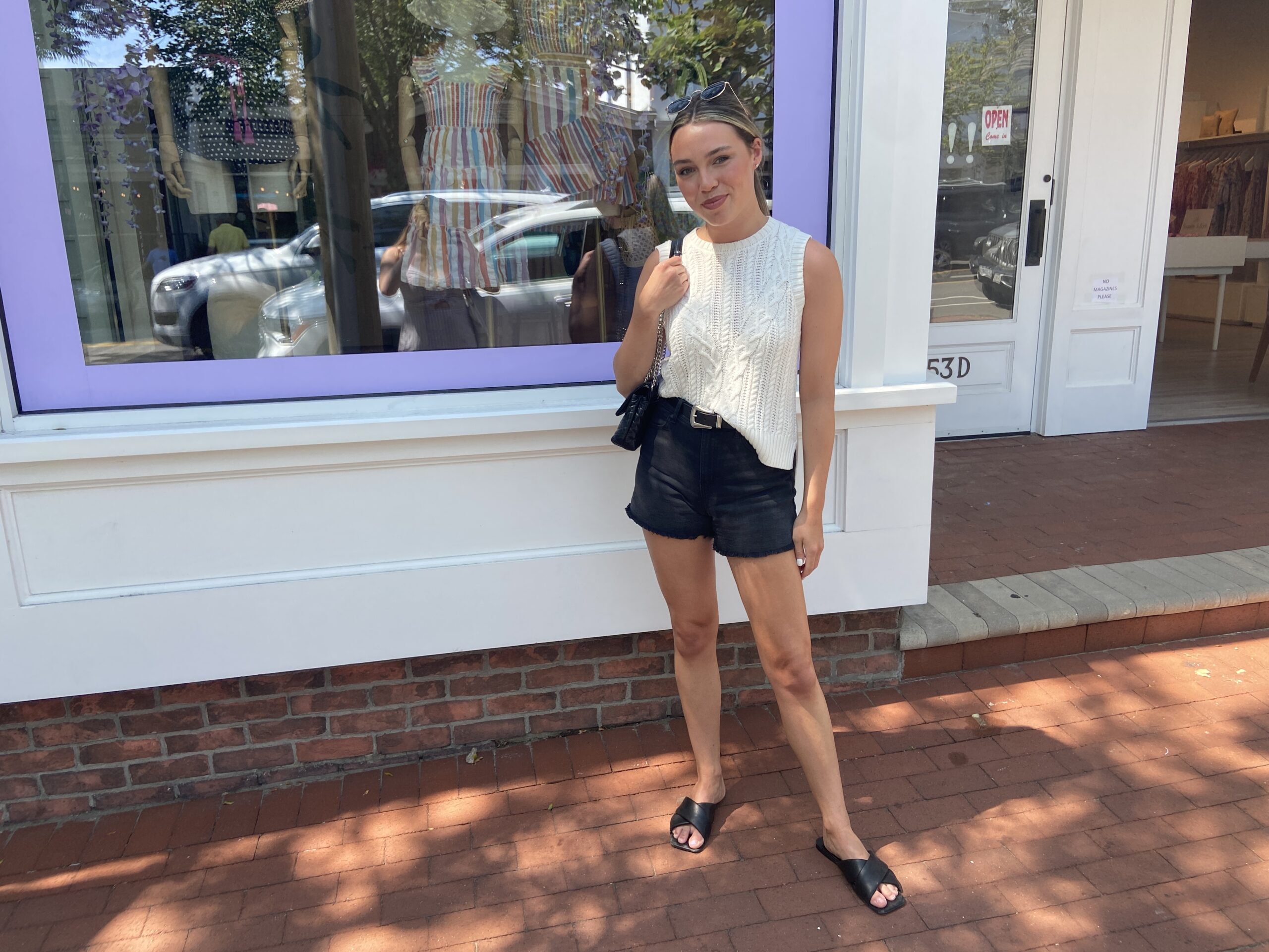 Sarah Ringwood styled a sweater vest with denim shorts for a bold look. JULIA HEMING