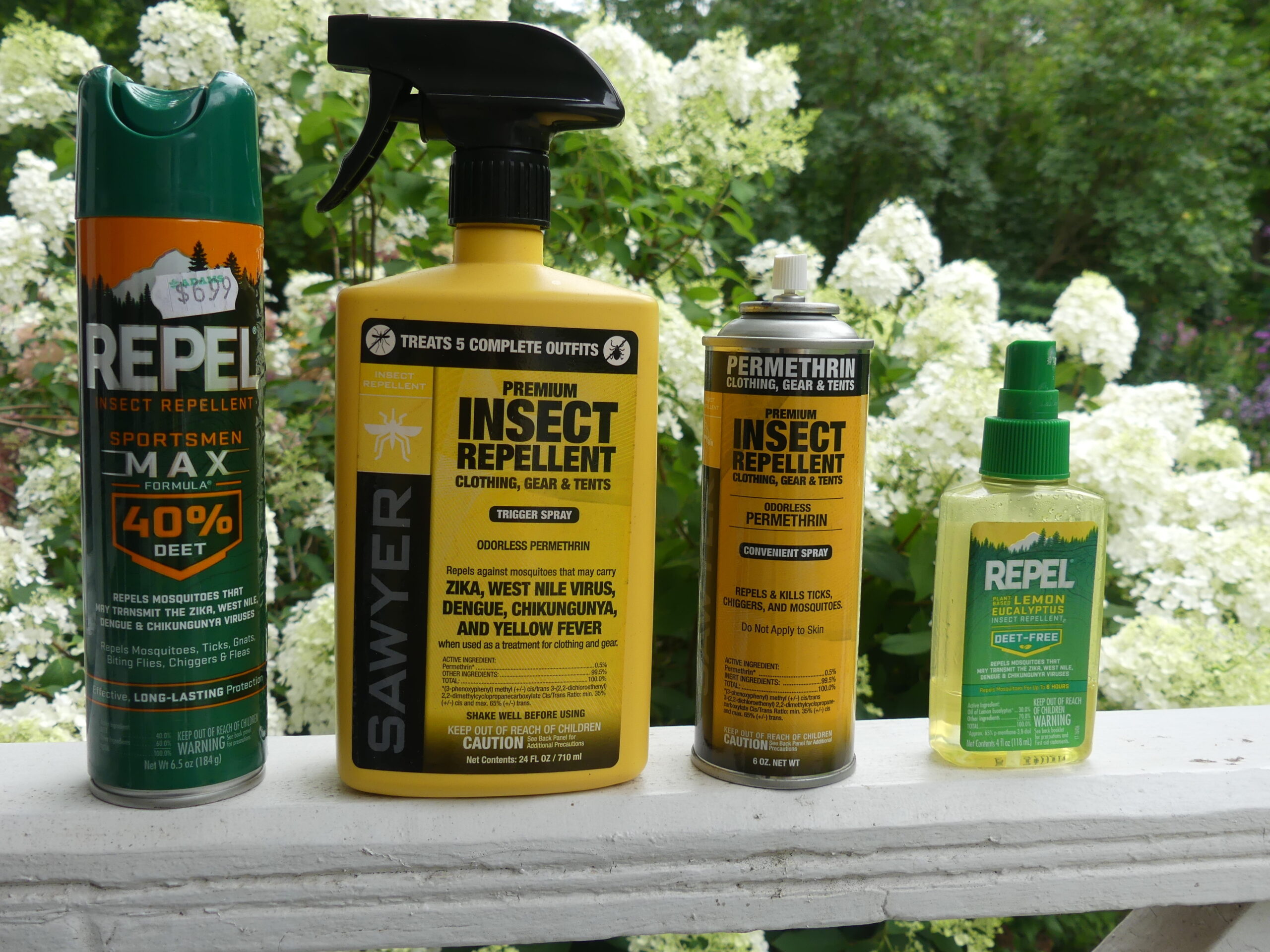 Insect repellents that I’ve used with great success for the past few years. The DEET product (left) will be great for ticks, mosquitoes and horse flies and should last all day.  Not to be used on the face though.  The yellow trigger bottle and aerosol can contain permethrin, which is applied to clothes and shoes as a repellent.  It will last up to a month. On the right is Repel’s brand of lemon eucalyptus, which can be used on the face (not in the eyes) and is plant based but only effective for about an hour. ANDREW MESSINGER