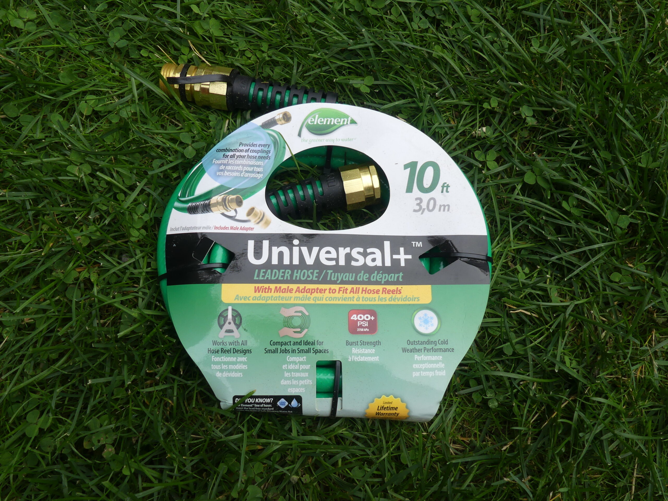 Under the Element brand, this 10-foot hose bib leader hose seemed like a good idea.  The underside of the package revealed that it was a Swan product, but the tiny print was seen too late. ANDREW MESSINGER