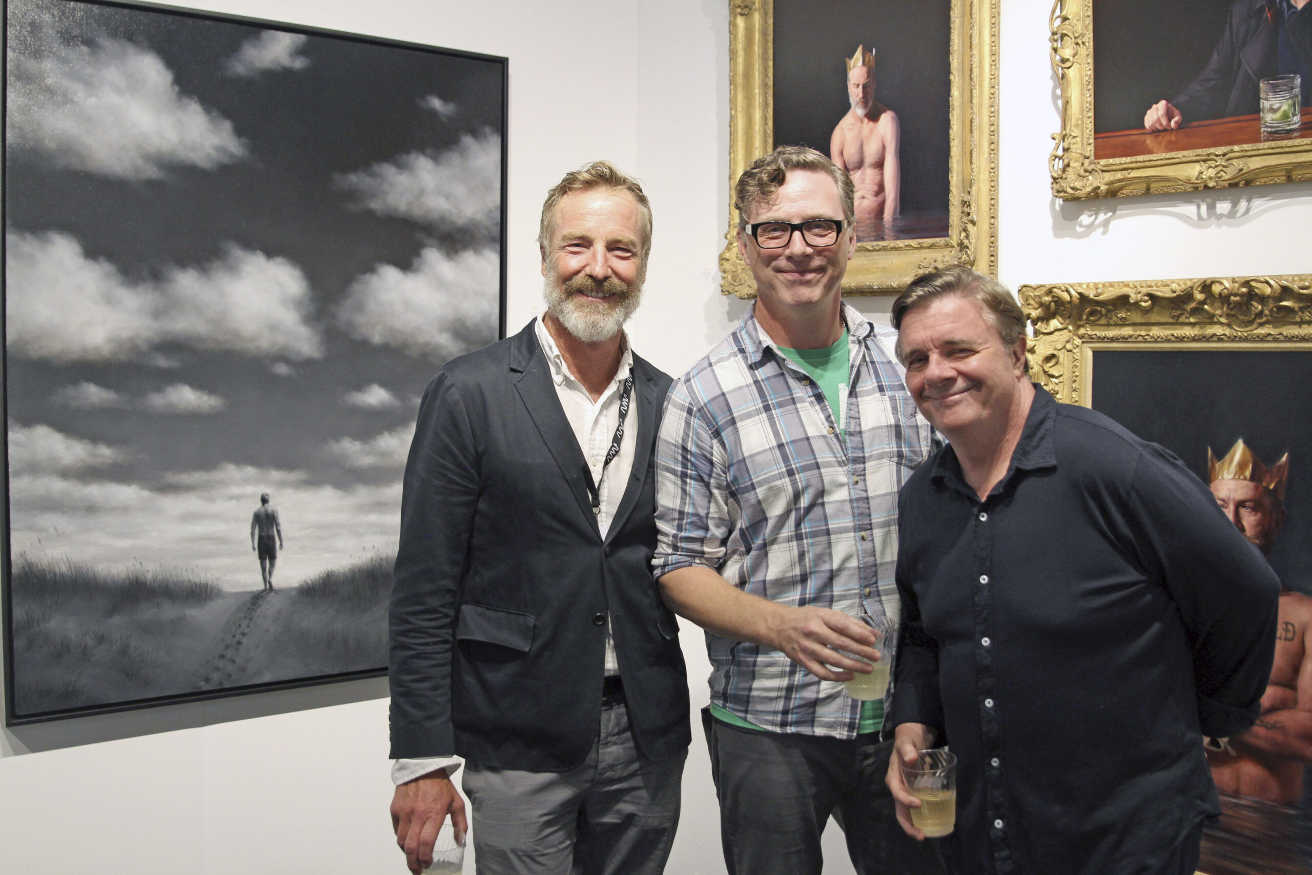Artist Rainer Andreesen, Devlin Elliot and Nathan Lane at the opening of Art Market Hamptons at Nova's Ark Project on August 11.  TOM KOCHIE