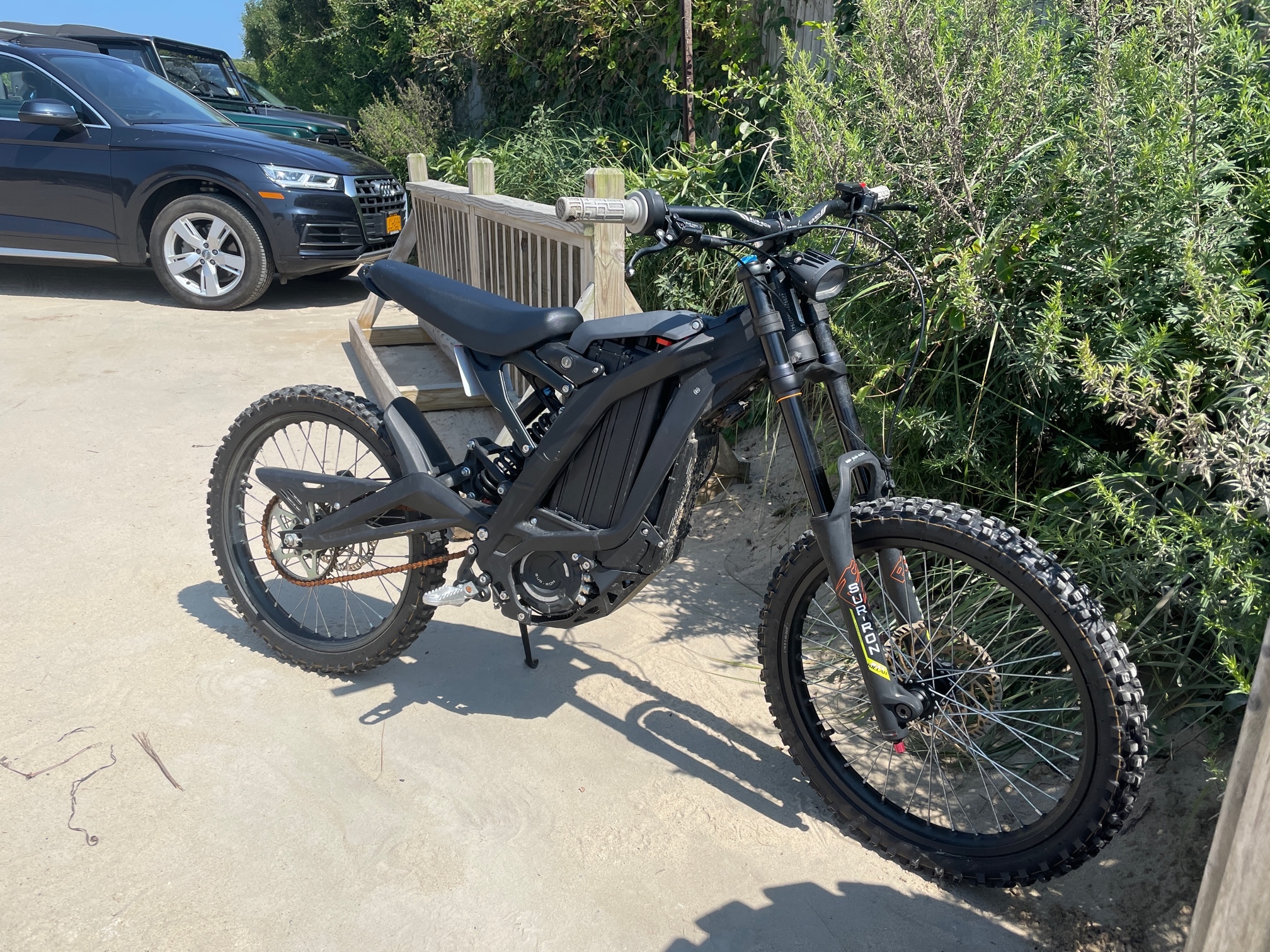 This Surron X e-bike has no pedals and is classified as a motor vehicle, meaning it needs to be registered and the rider must wear a helmet. It can go up to 40 miles per hours.