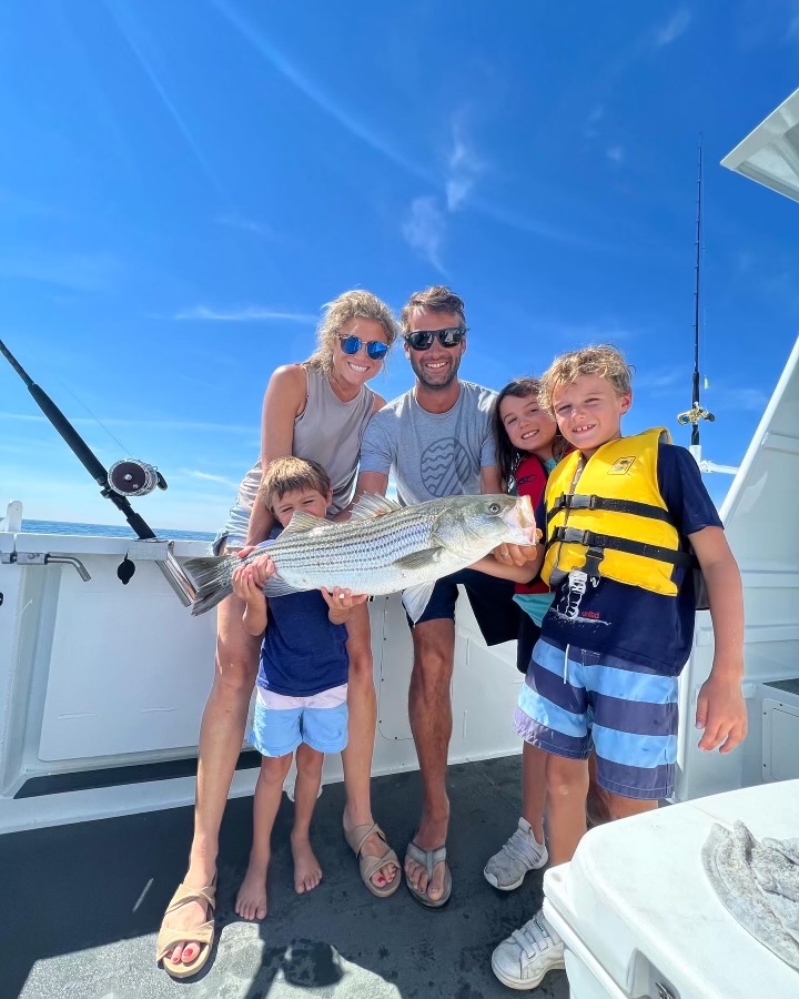 Charlie, Maggie, Luke, Sam and Ben Towers with a nice late summer striped bass caught aboard the charter boat Thermocline out of the Montauk Anglers Club.  Capt. Will Cornacchia