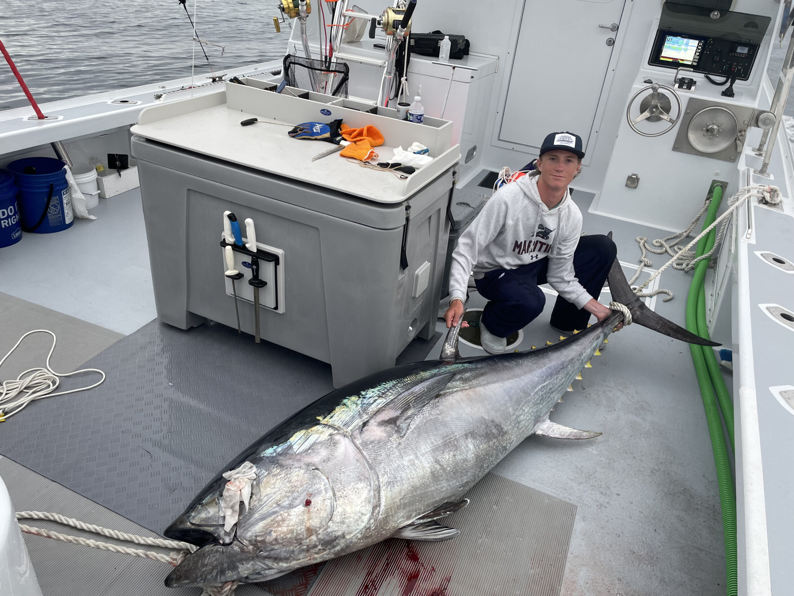 Giant bluefin tuna, like this one that Harrison Hanley helped land recently, have been at the heart of a controversy this week over whether a state can exclude boats from other states from fishing for them near their shores even though they fish themselves are regulated federally.