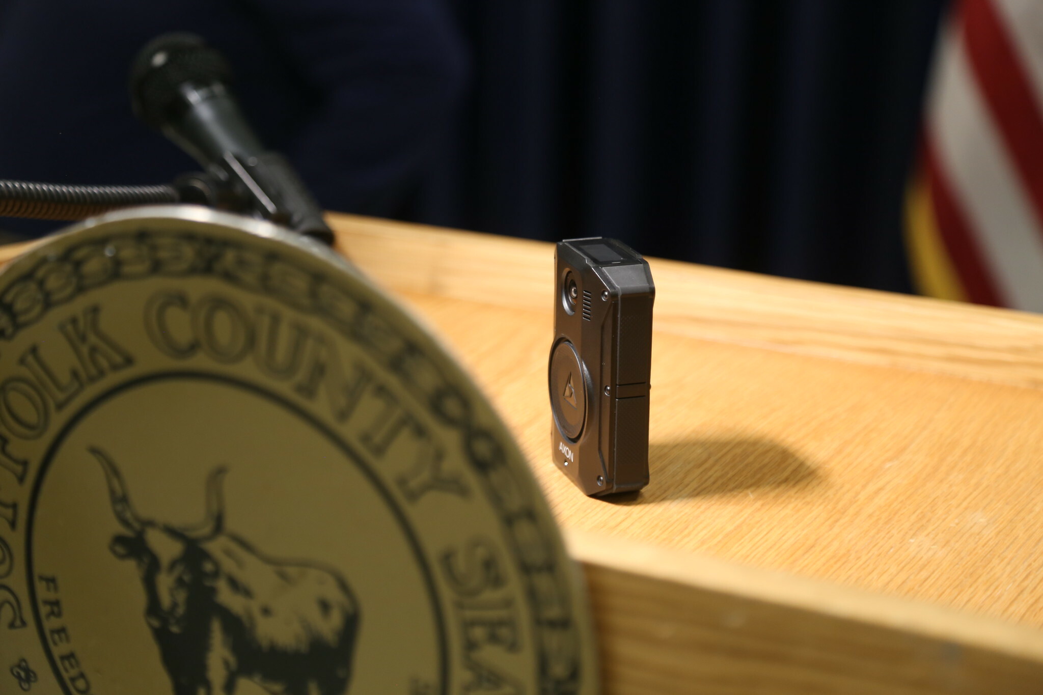 A bodycam on display during the Suffolk County  press release heralding the start of their roll out in June.