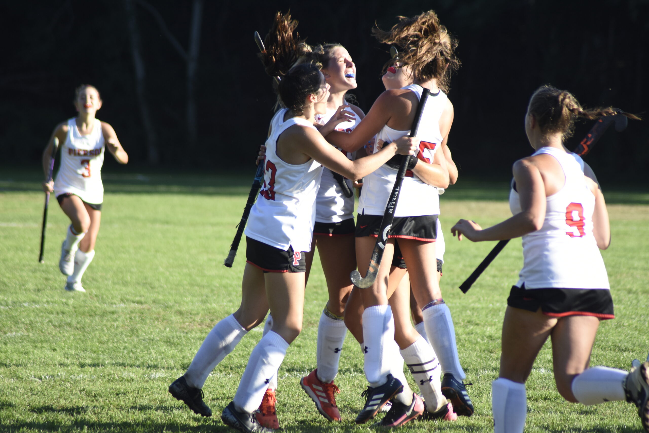The Whalers celebrate Sophia Beech’s goal that gave them a late 1-0 lead, leading to their 2-0 victory over Islip on September 8.     DREW BUDD