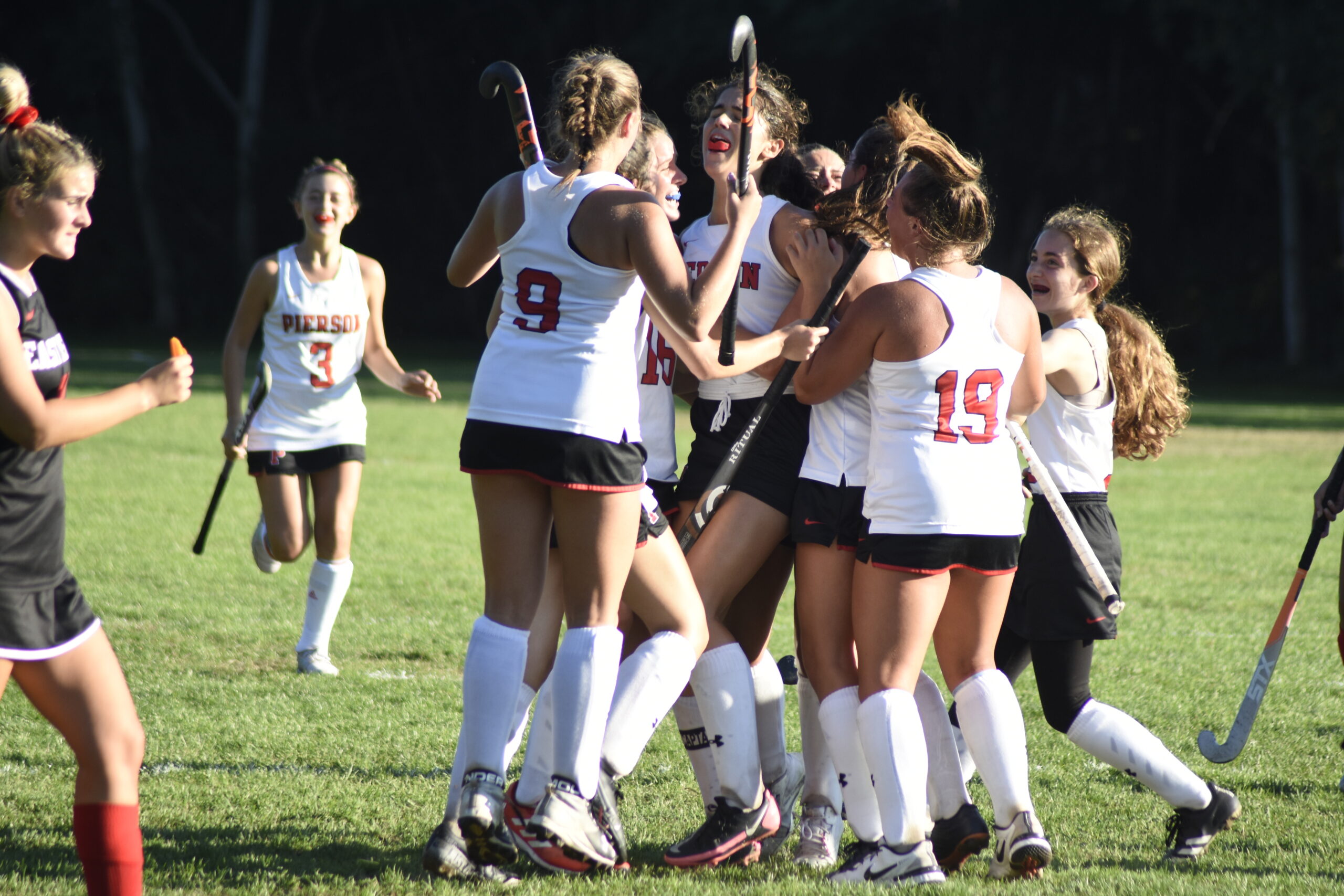 The Whalers celebrate Sophia Beech’s goal that gave them a late 1-0 lead, leading to their 2-0 victory over Islip on September 8.   DREW BUDD