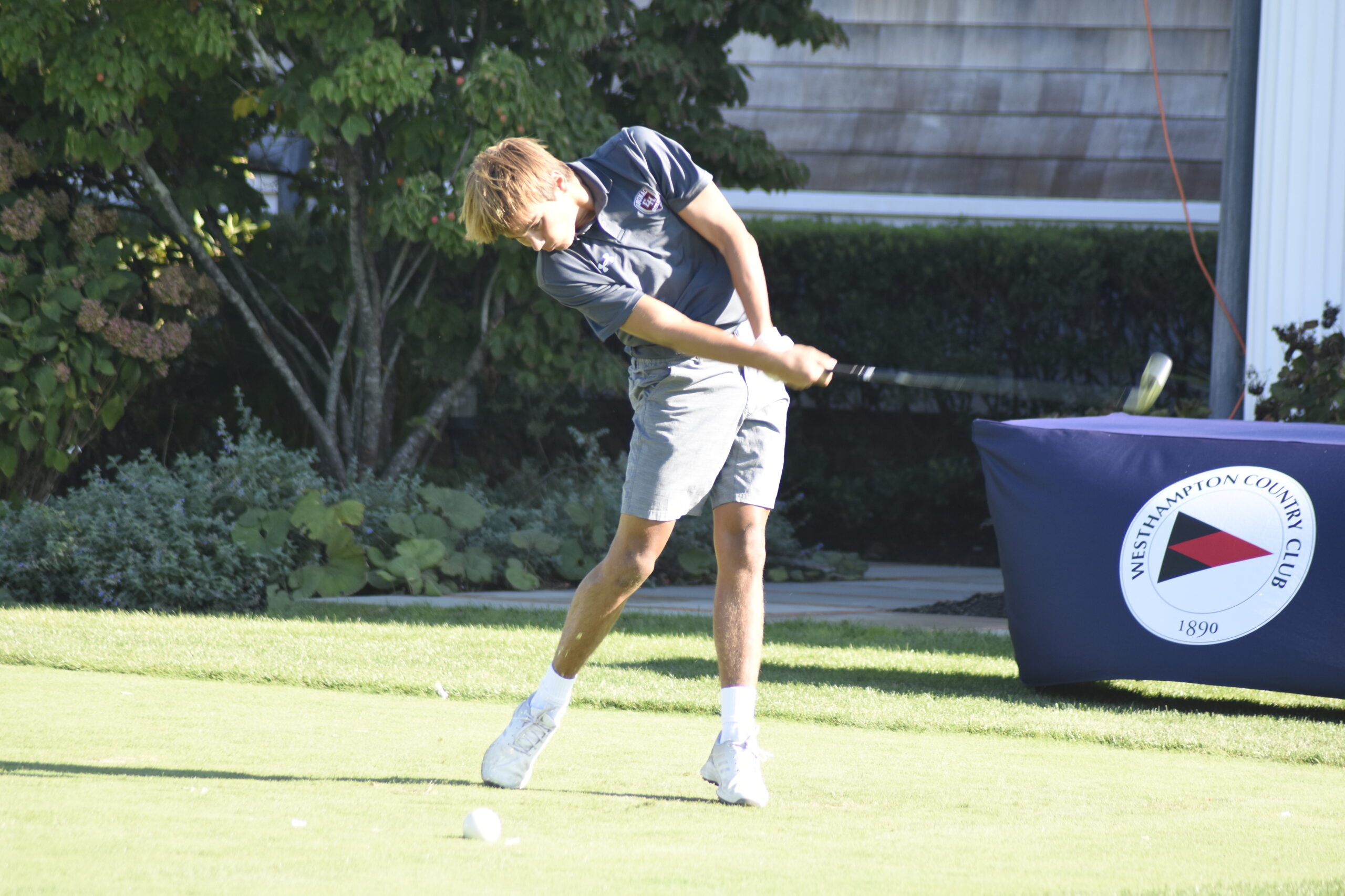 J.P. Amaden tees off for the Bonackers at Westhampton Country Club on September 15.   DREW BUDD