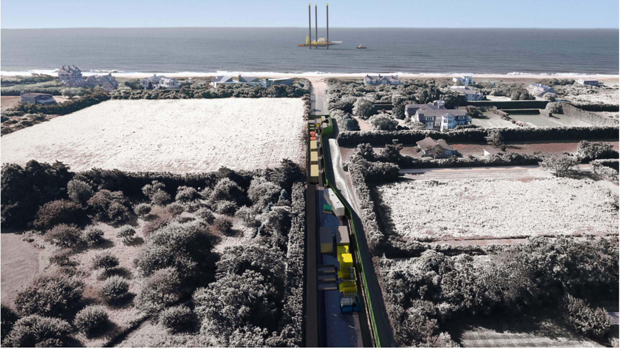 A sketch of what South Fork Wind says Beach Lane will look like during the drilling of the power cable offshore conduit this winter. The drilling equipment will take up most of the roadway but a 10-foot-wide lane will be maintained at all times allowing access to homes and the beach parking lot.