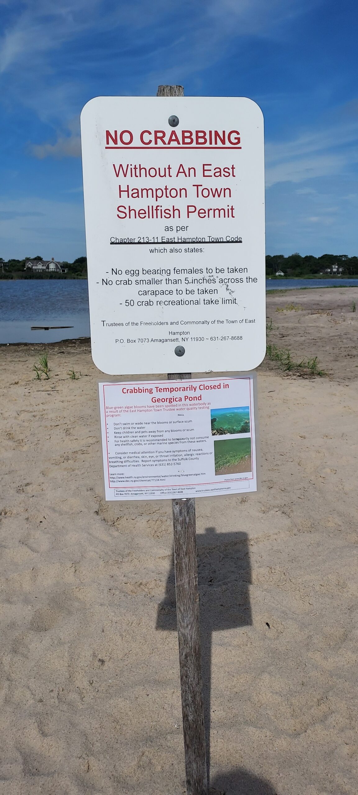 Warnings abound at the edge of Georgica Pond about the rules for crabbing but East Hampton authorities say those illegally poaching crabs in the pond clearly know that what they are doing is illegal and have devised a network of schemes for avoiding capture or punishment even when caught.
